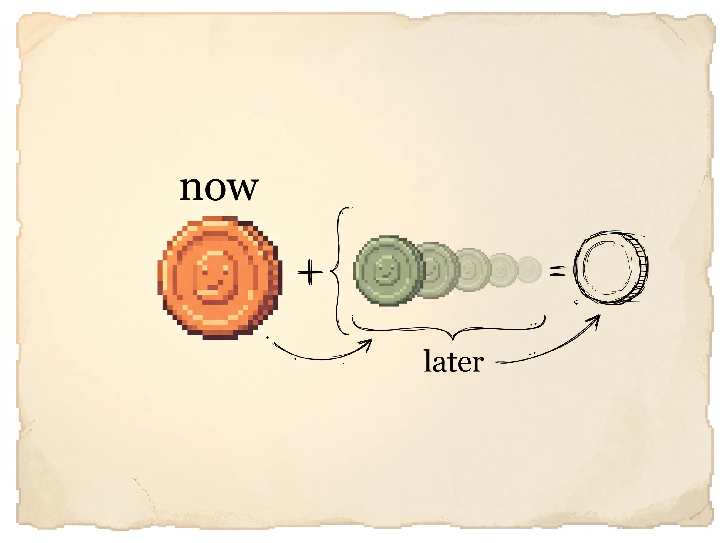 A bright clay-orange coin labelled now sits beside a fading row of smaller sage coins labelled later, joined by an ink plus sign and brace into one total, showing that the value of a move is the reward you get now plus a discounted guess of all the score still to come.