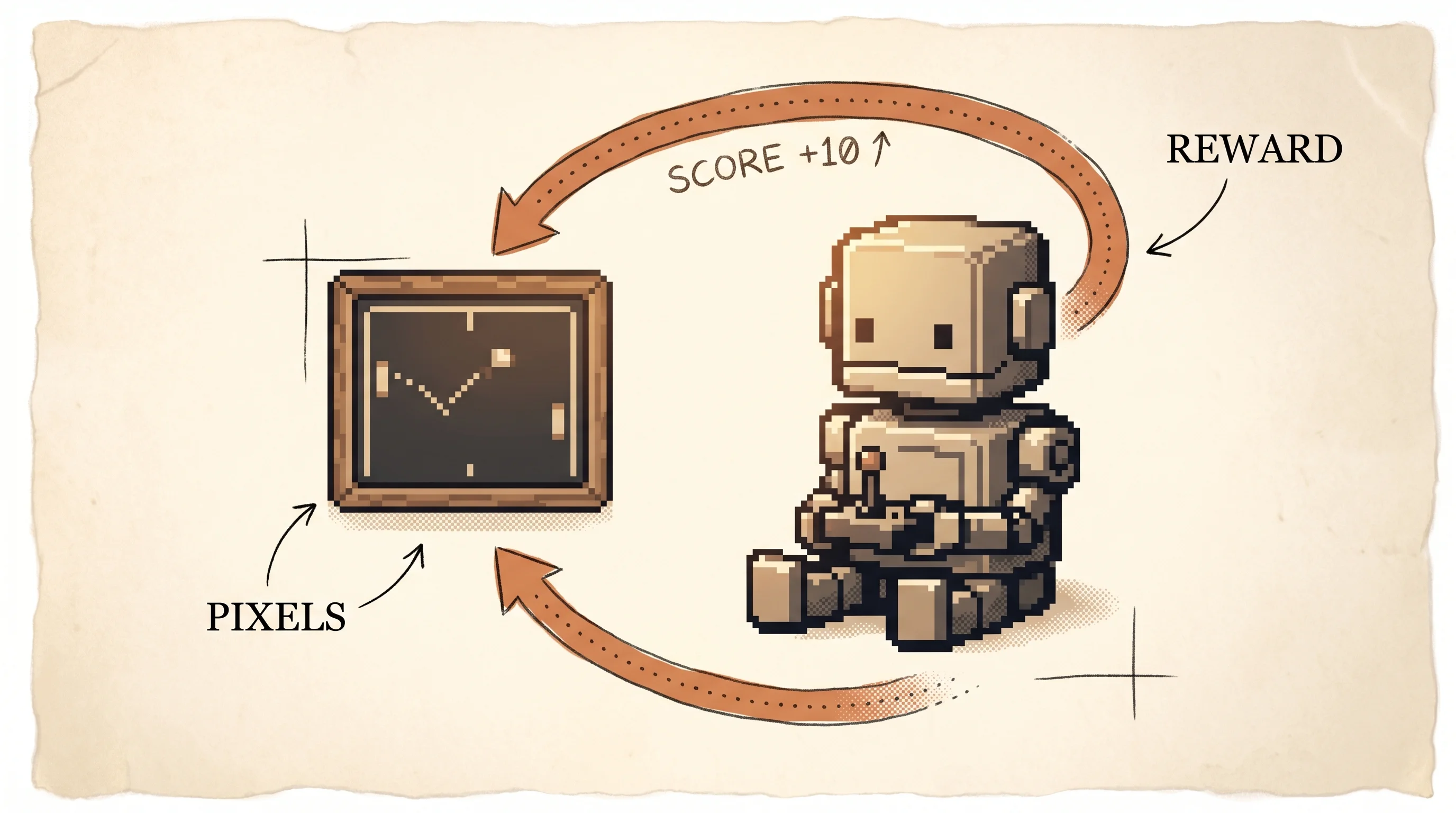A pixel-art robot holds a joystick while a clay-orange loop arrow runs from an Atari screen of a blocky paddle-and-ball game into the robot and back out as reward, with a score ticking up, showing that the agent learns to play from nothing but the picture on the screen and the points it earns.