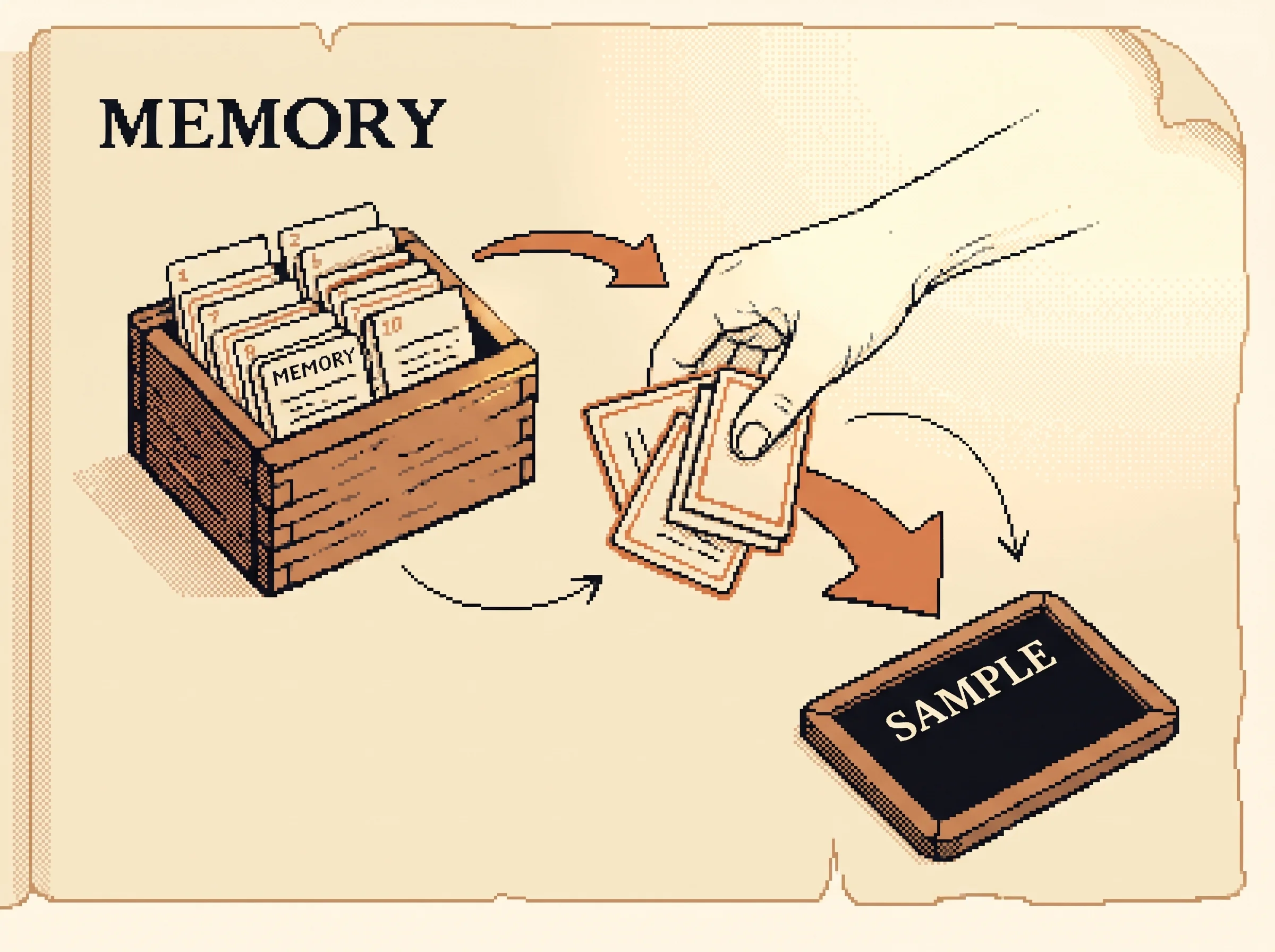 A wooden box brimming with numbered memory cards while a hand pulls a shuffled handful from the middle and hands it to a practice slate, showing that experience replay studies a random mix of past moments instead of only the very last one.