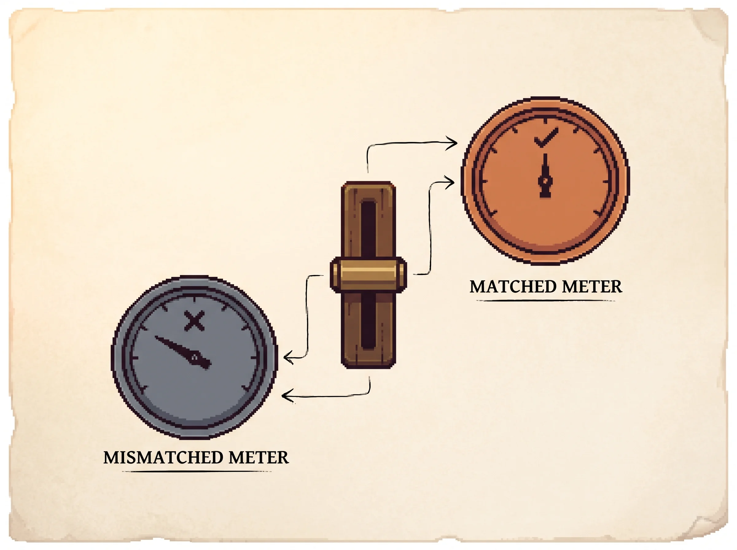 A central slider lever wired to two round gauges, a clay-orange matched meter whose needle lands on a check mark and a slate mismatched meter whose needle swings off to a cross, showing that a value critic built from the policy's own dials reads the advantage exactly right while a mismatched critic gives biased advice.