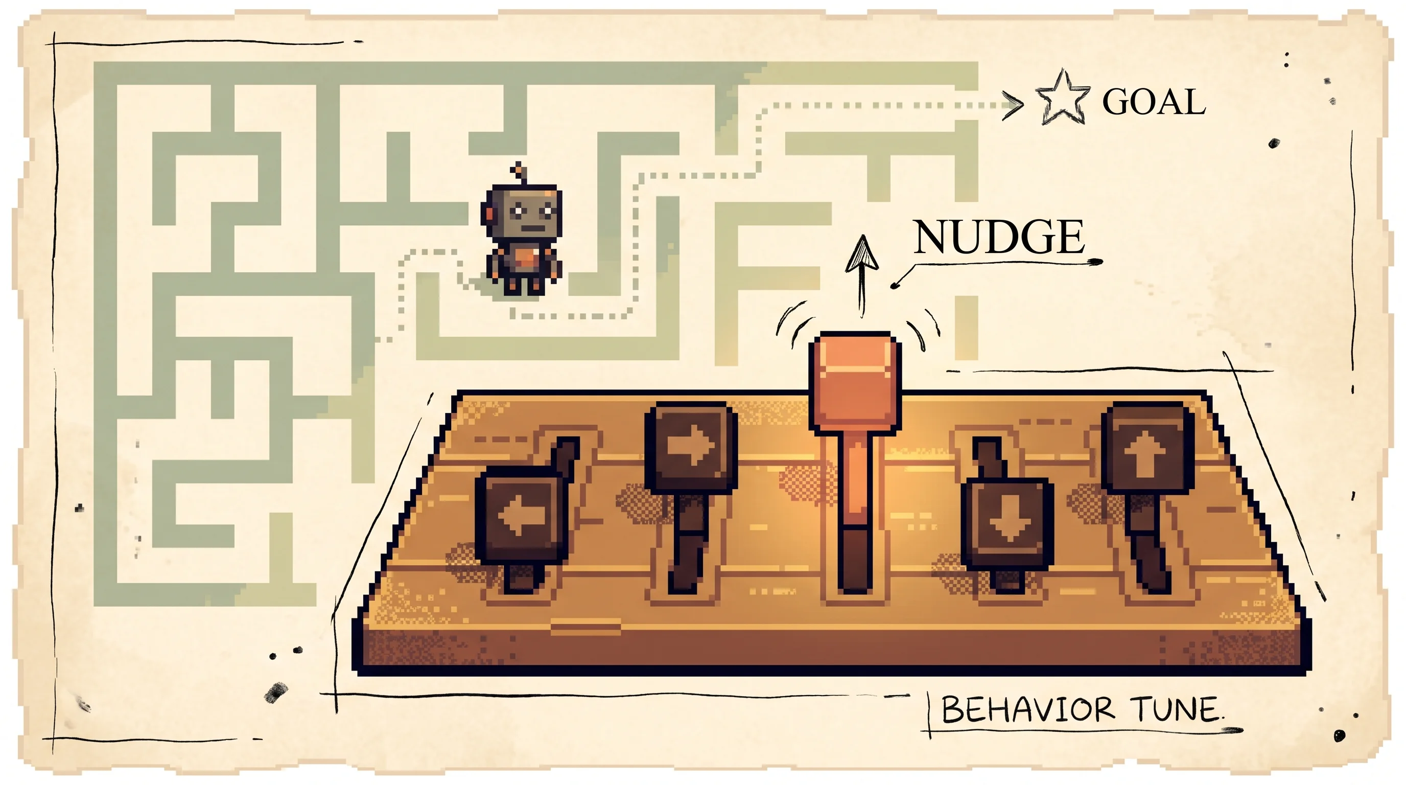 A pixel control board of slider levers each capped with a direction arrow, one clay-orange lever glowing and pushed up by an inked nudge arrow, beside a faint maze where a small robot walks toward a goal star, showing that a policy is a set of dials you tune directly, pushing up the moves that beat the situation's average instead of memorizing the worth of every spot.