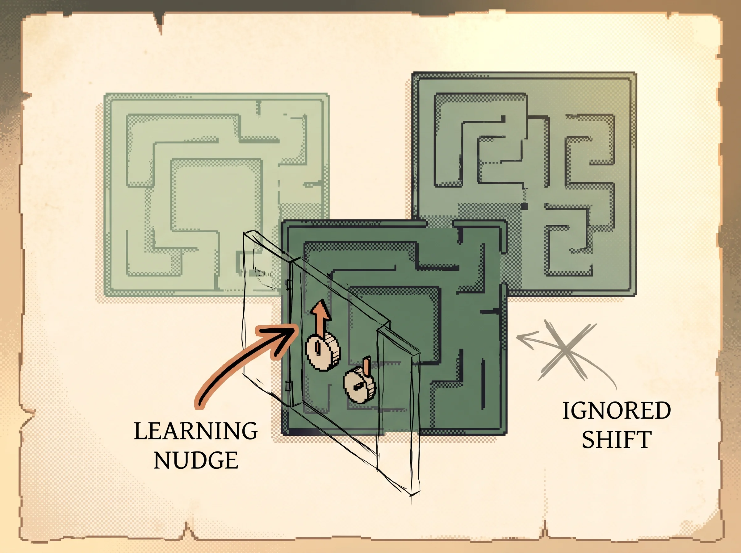 Three maze panels shaded from pale to deep green by how often each is visited, one opened to two action dials where the better dial is pushed up in clay-orange by a learning-nudge arrow, and a faint crossed-out ignored-shift arrow to the side, showing that the gradient nudges each action by its advantage weighted by how often you stand there and never by how the tuning shifts which spots you visit.