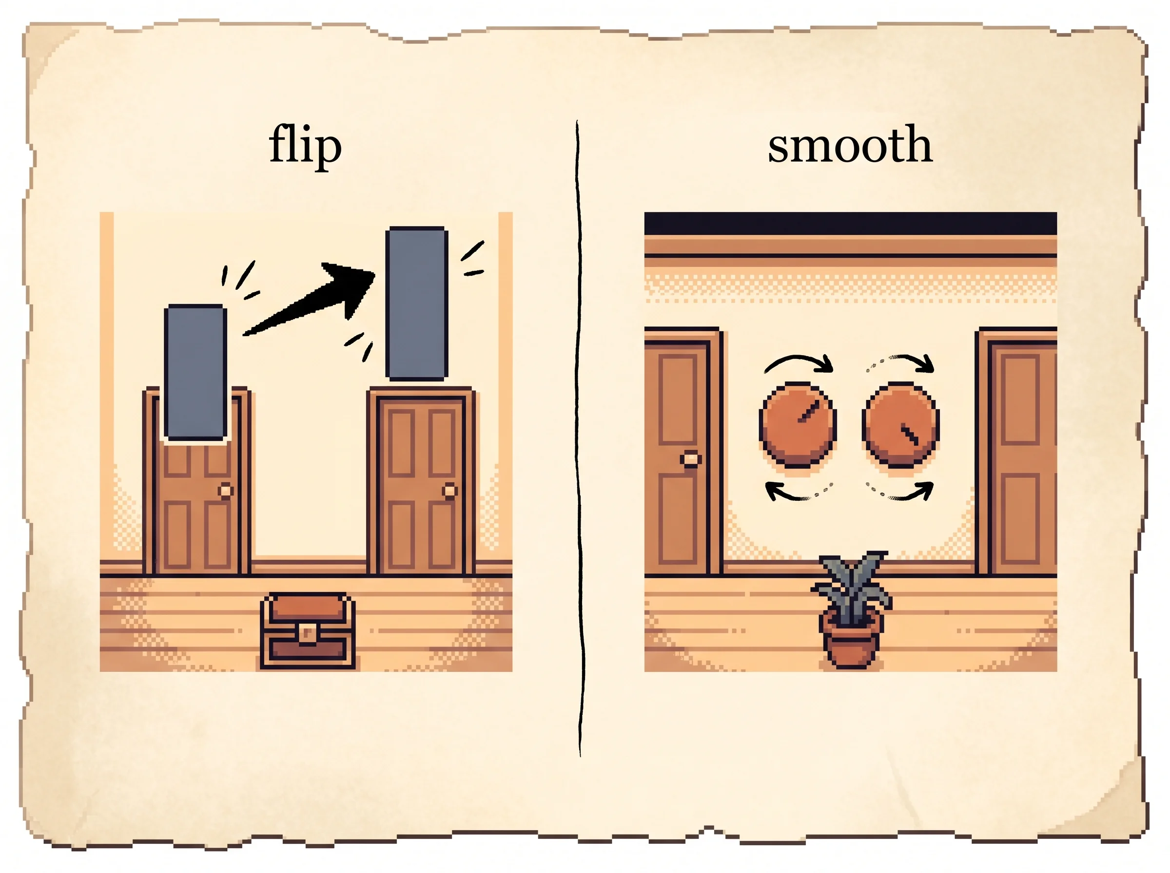A split field-journal page, on the left two doors topped by tall value bars with a hard arrow snapping to the taller under the word flip, on the right the same two doors with two smooth clay-orange dials under the word smooth, showing that picking the highest-valued action flips the choice abruptly while tuning the policy's own dials changes behavior gently.