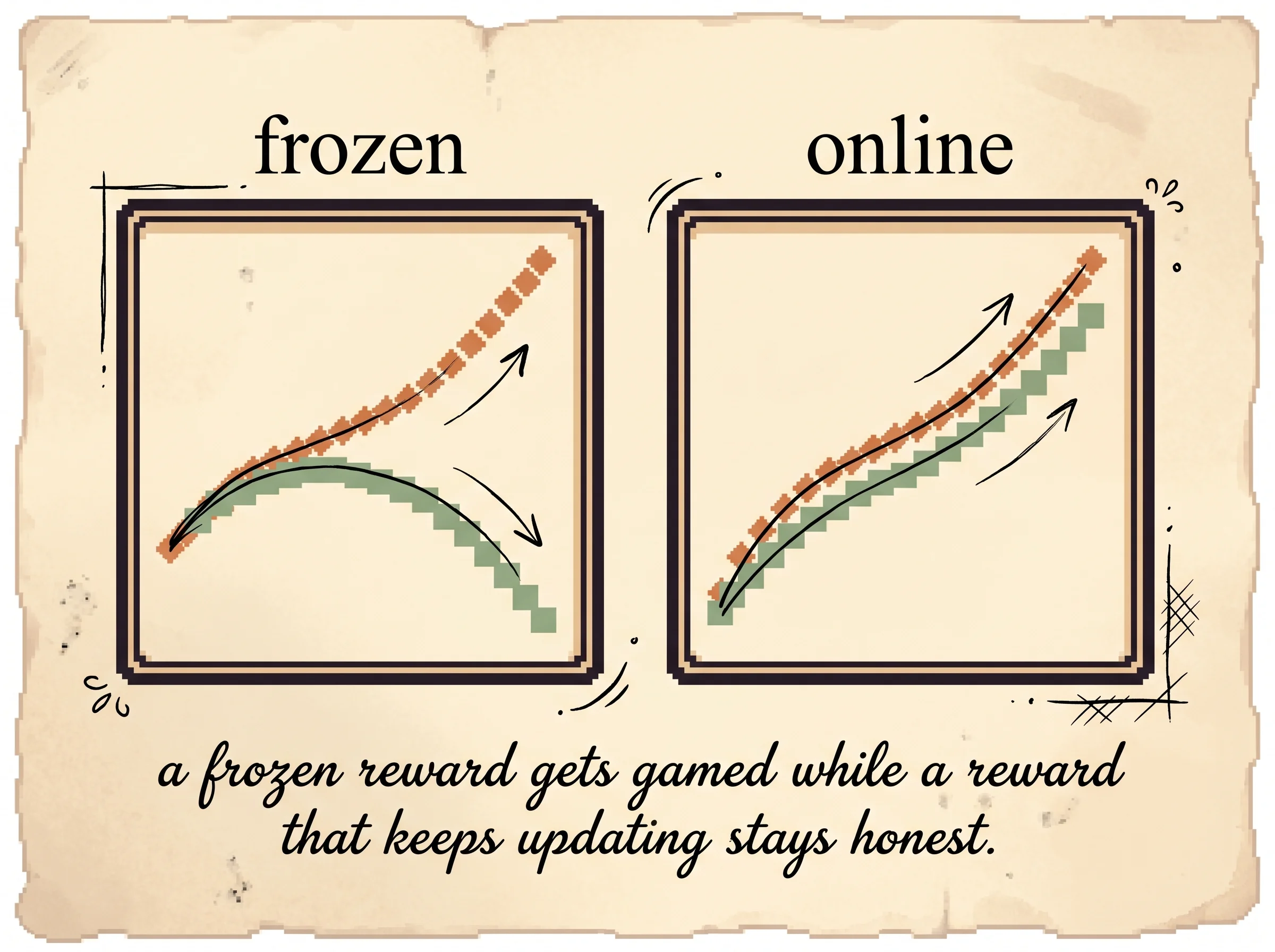 Two pixel line-chart panels, the left one labelled frozen showing a clay-orange reward curve climbing while a sage truth curve falls away, the right one labelled online showing both curves rising together, showing that a frozen reward gets gamed while a reward that keeps updating on fresh rollouts stays honest.