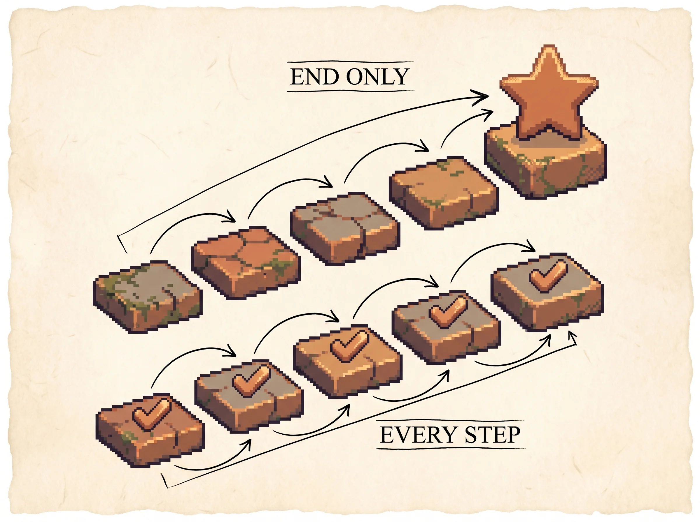 Two pixel stepping-stone paths climbing left to right, the upper one marked End only with a single clay-orange star on its last stone, the lower one marked Every step with a clay-orange tick on every stone, showing that an outcome reward scores only the final answer while a dense process reward scores each step.