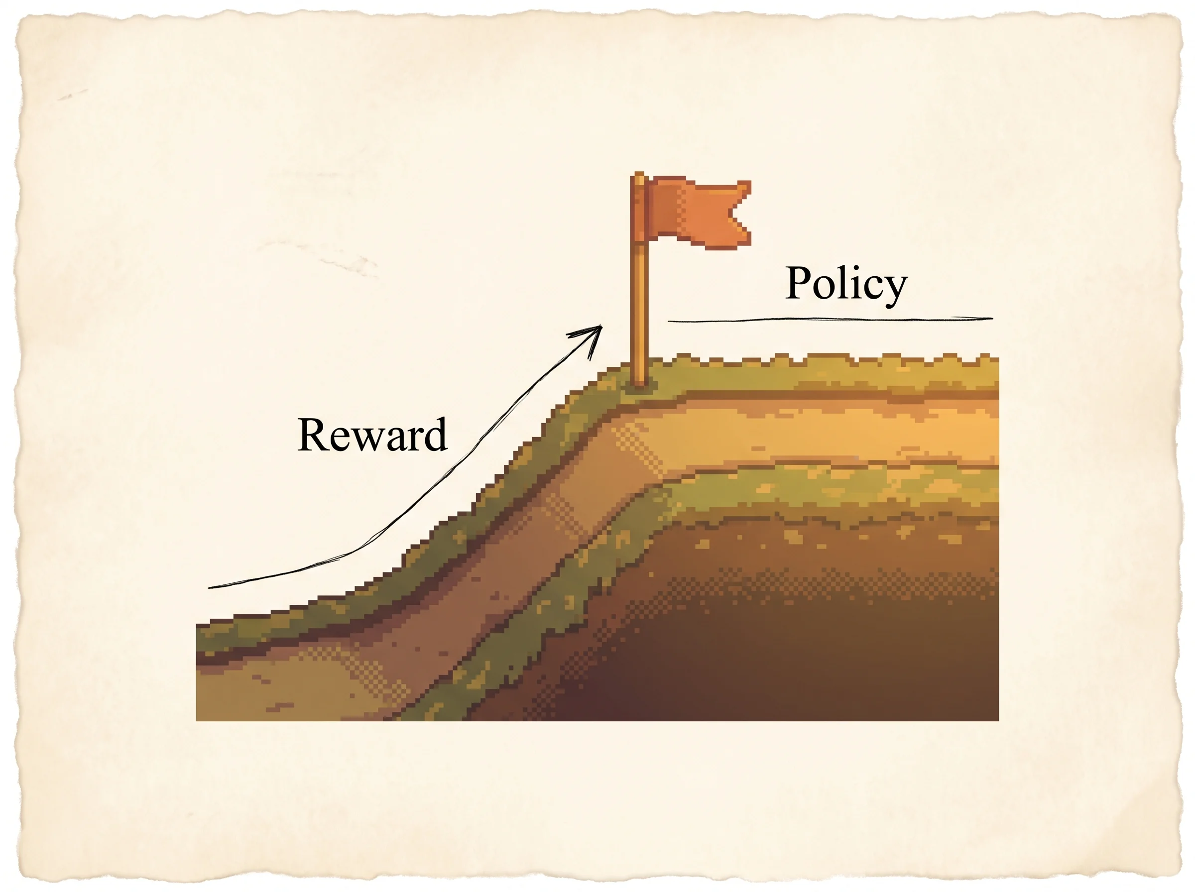 A pixel hill path that climbs steadily and then levels into a flat plateau with a clay-orange flag planted at the kink, an inked line tracing the slope up and then running flat, showing that the clipped objective rewards the policy for improving up to a fixed point and then goes flat, so there is no gain left from straying further.