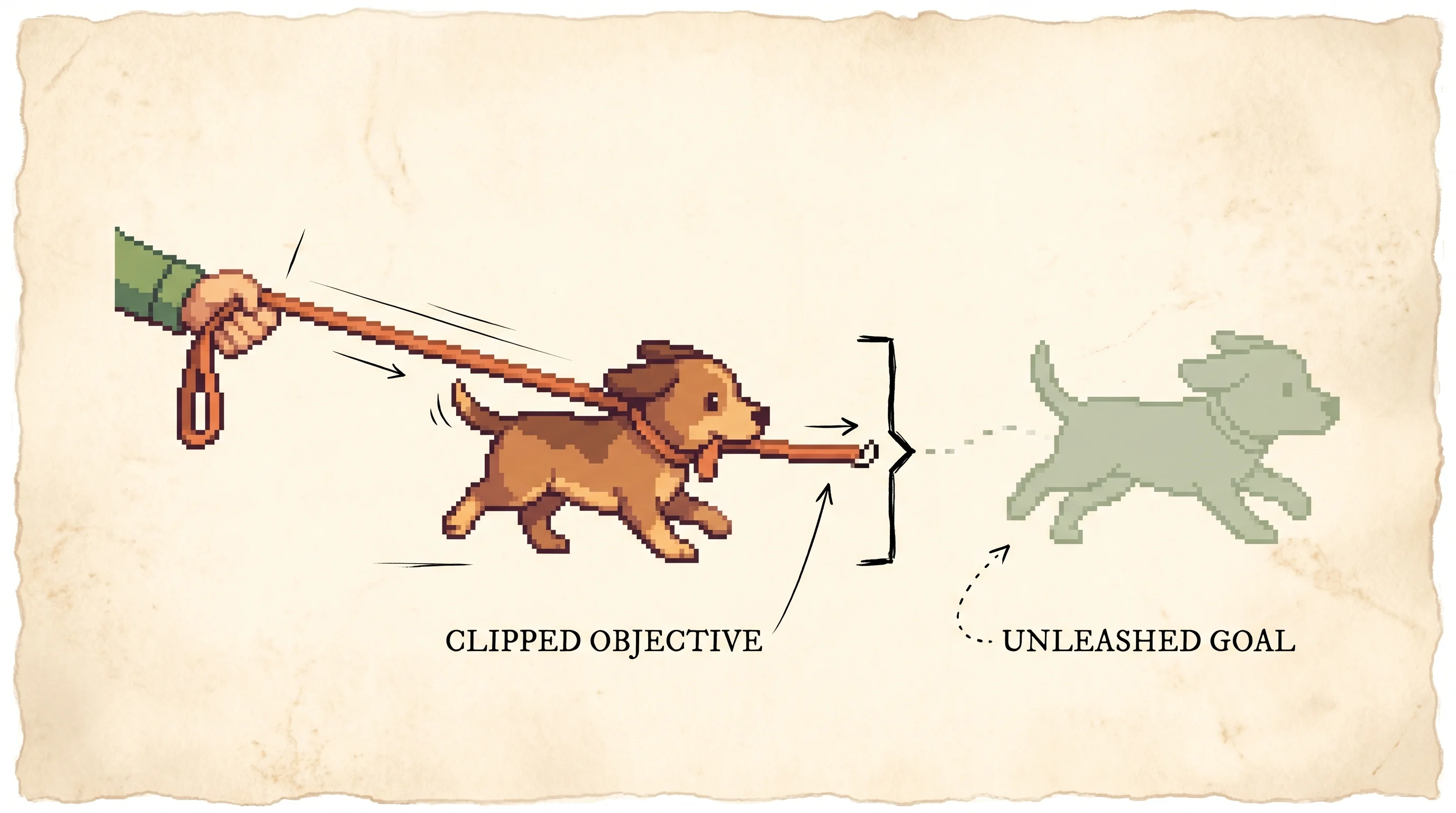 A pixel-art dog mid-stride on a taut clay-orange leash held by a hand, the leash ending at an inked stop-bracket beyond which a faint sage ghost dog runs free, showing that a clipped objective keeps an eager learner on a short leash so it cannot bolt too far in one update even when the reward would pull it all the way to the unleashed goal.