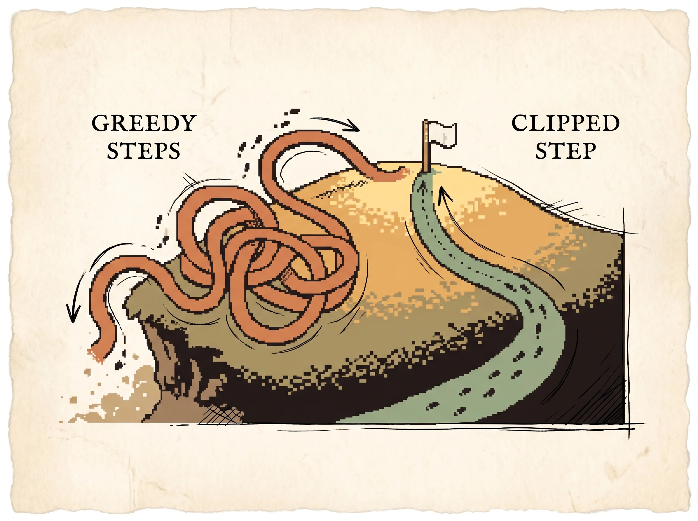 Two pixel paths up a hill, a tangled clay-orange greedy path that overshoots the goal and tumbles off a cliff beside a calm sage clipped path that arrives neatly at the goal flag, showing that reusing one batch of experience for many unclipped greedy steps overshoots and collapses while the clipped step stays steady and reaches the goal.