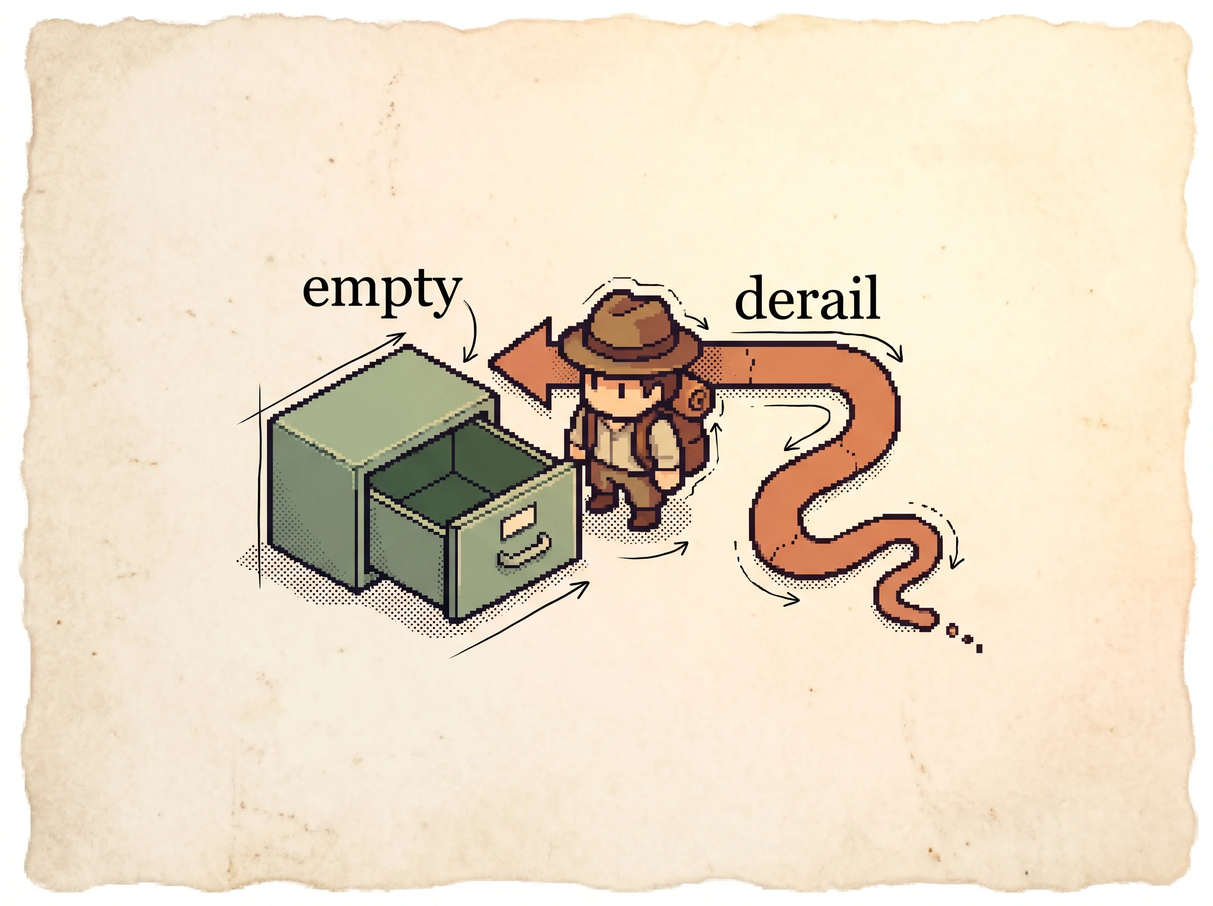 An explorer beside an open empty filing drawer labelled empty while his clay-orange path arrow that was heading straight bends sharply and trails off, labelled derail, showing that when a search returns nothing the reasoning loses its footing and the agent gets stuck.