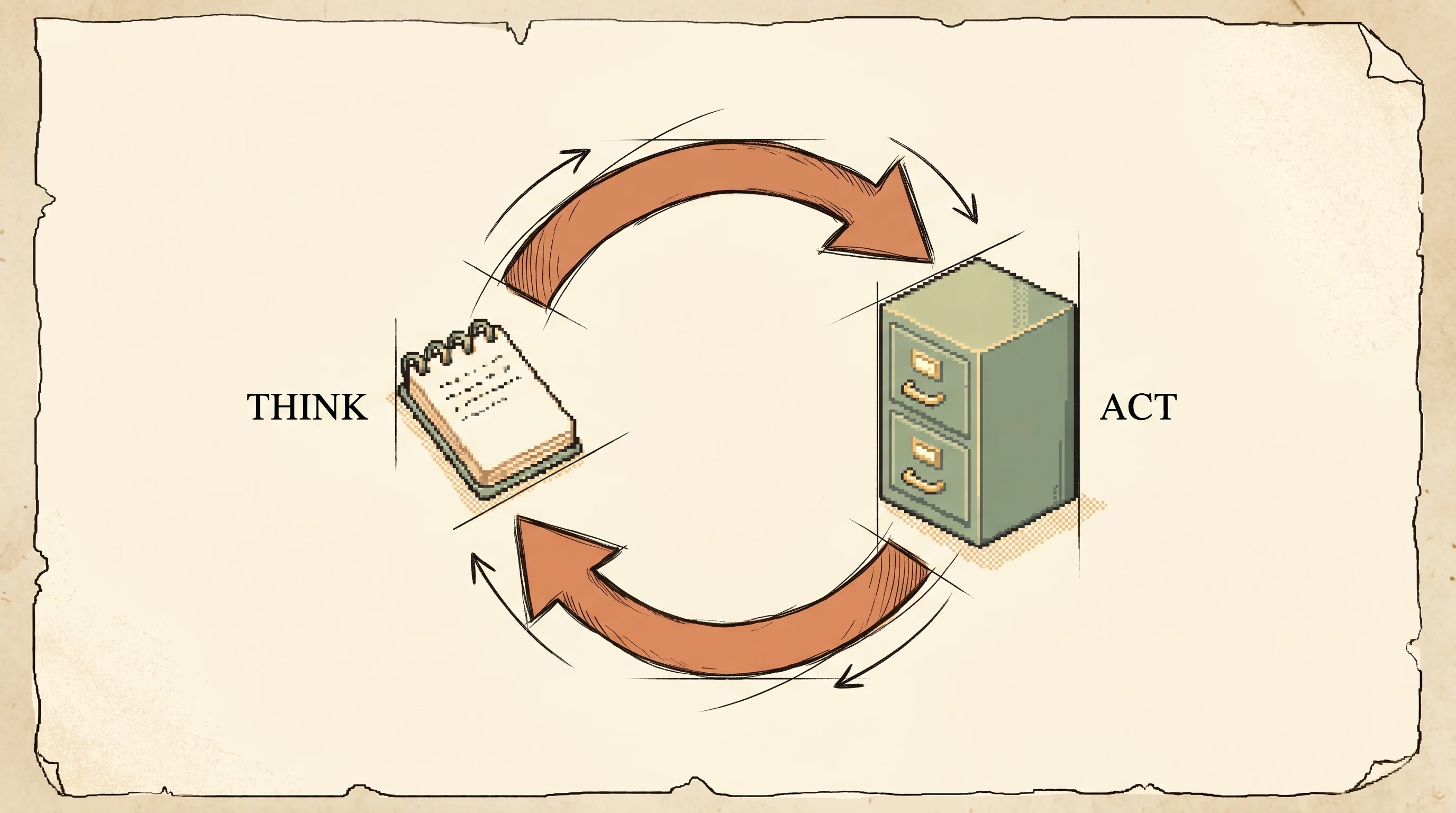 A pixel-art open notebook on the left and a sage filing cabinet on the right, joined by a clay-orange loop arrow that circles from one to the other, like a detective who jots a thought then walks to the files to check it, showing that ReAct alternates a reasoning step with a grounded action so each feeds the next.