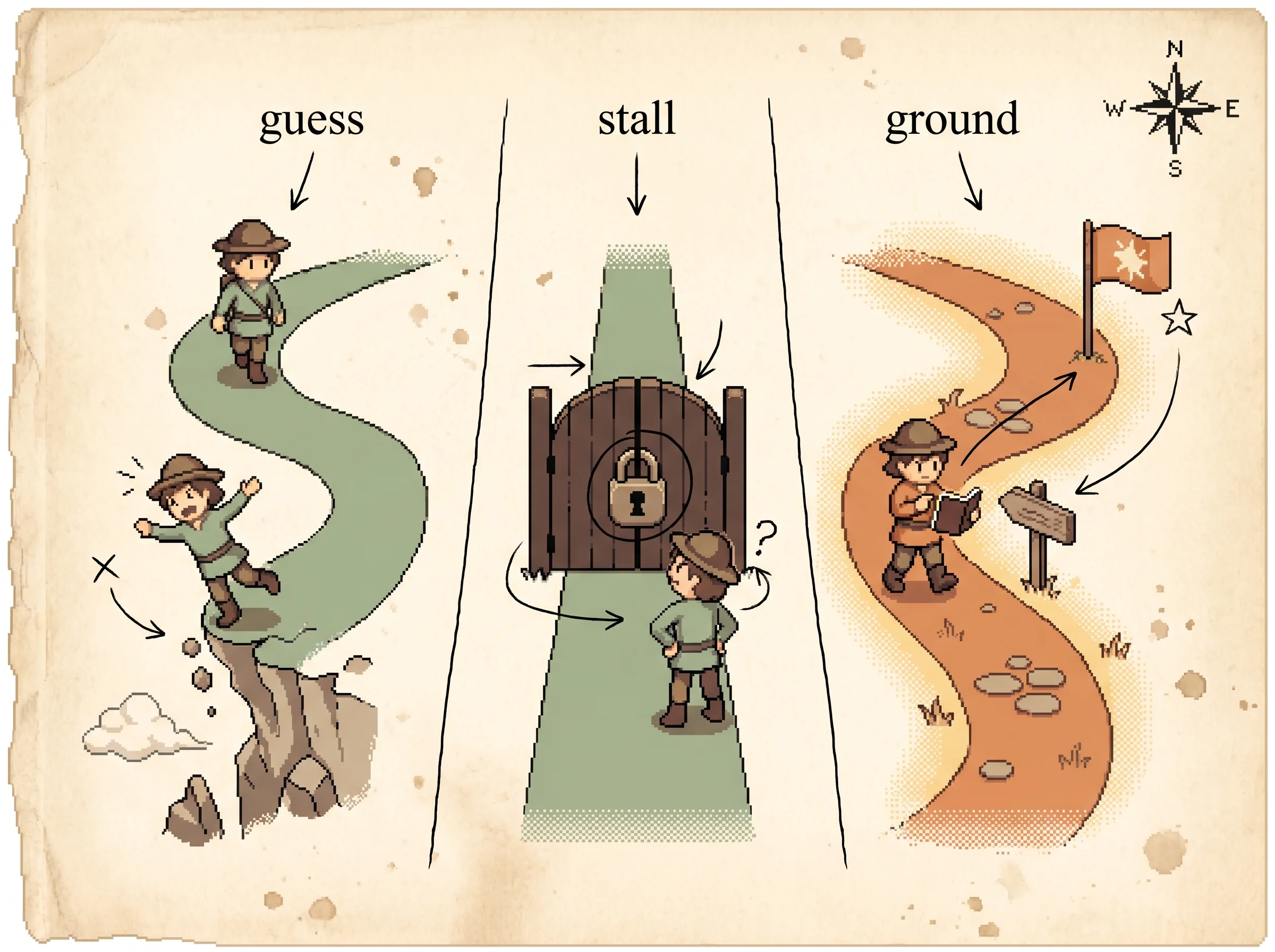 Three explorers head for the same flag along three lanes, one wandering off a cliff labelled guess, one stopped at a locked gate labelled stall, and a clay-orange one reaching the flag labelled ground, showing that reasoning alone hallucinates, acting alone gets stuck, and only interleaving the two arrives.