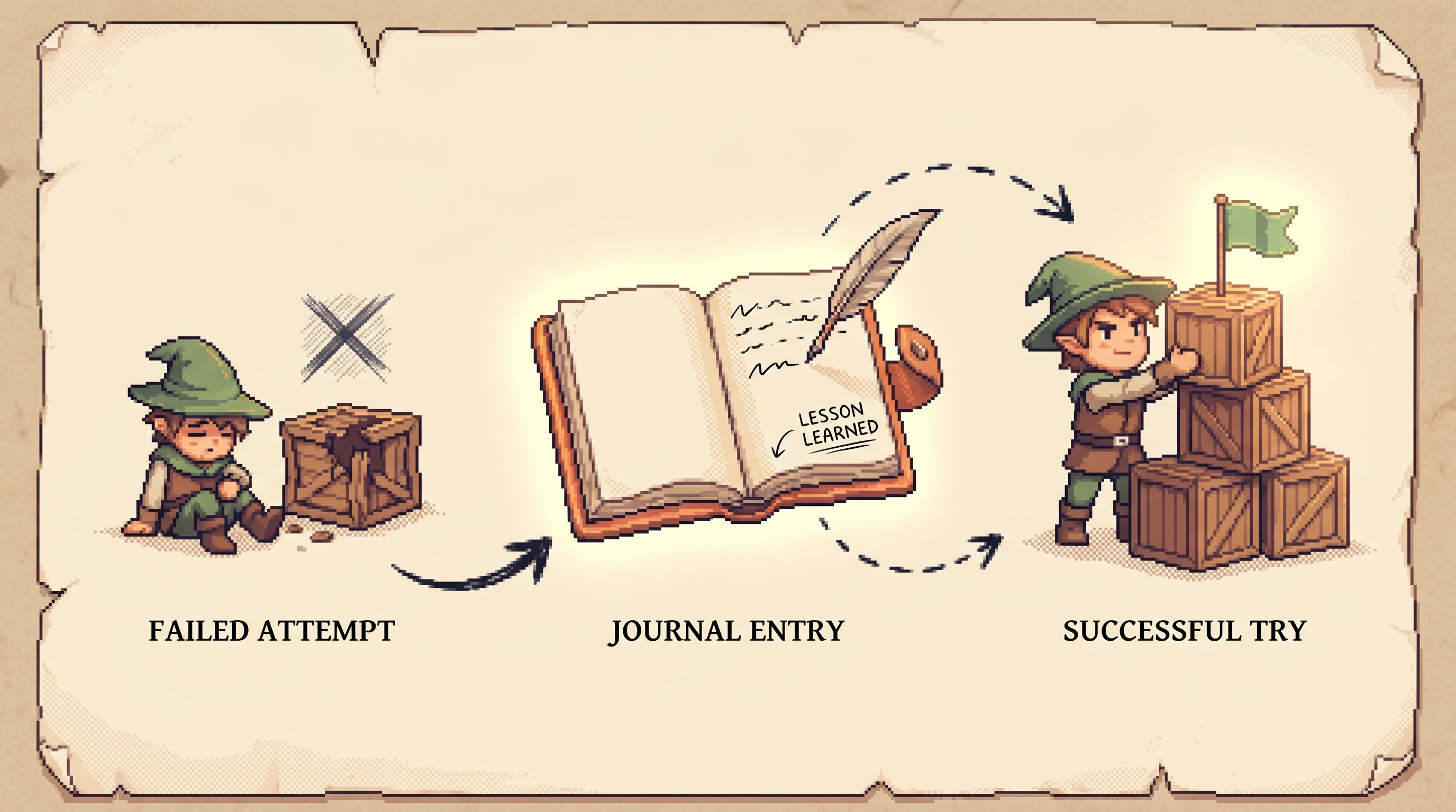 A pixel-art adventurer slumped beside a failed task on the left, a glowing clay-orange field journal in the center where a quill writes a lesson learned, and the same adventurer on the right stacking crates to a flag, with ink arrows leading failure to journal to success, showing that the agent improves by writing down what went wrong and reading it before the next try.
