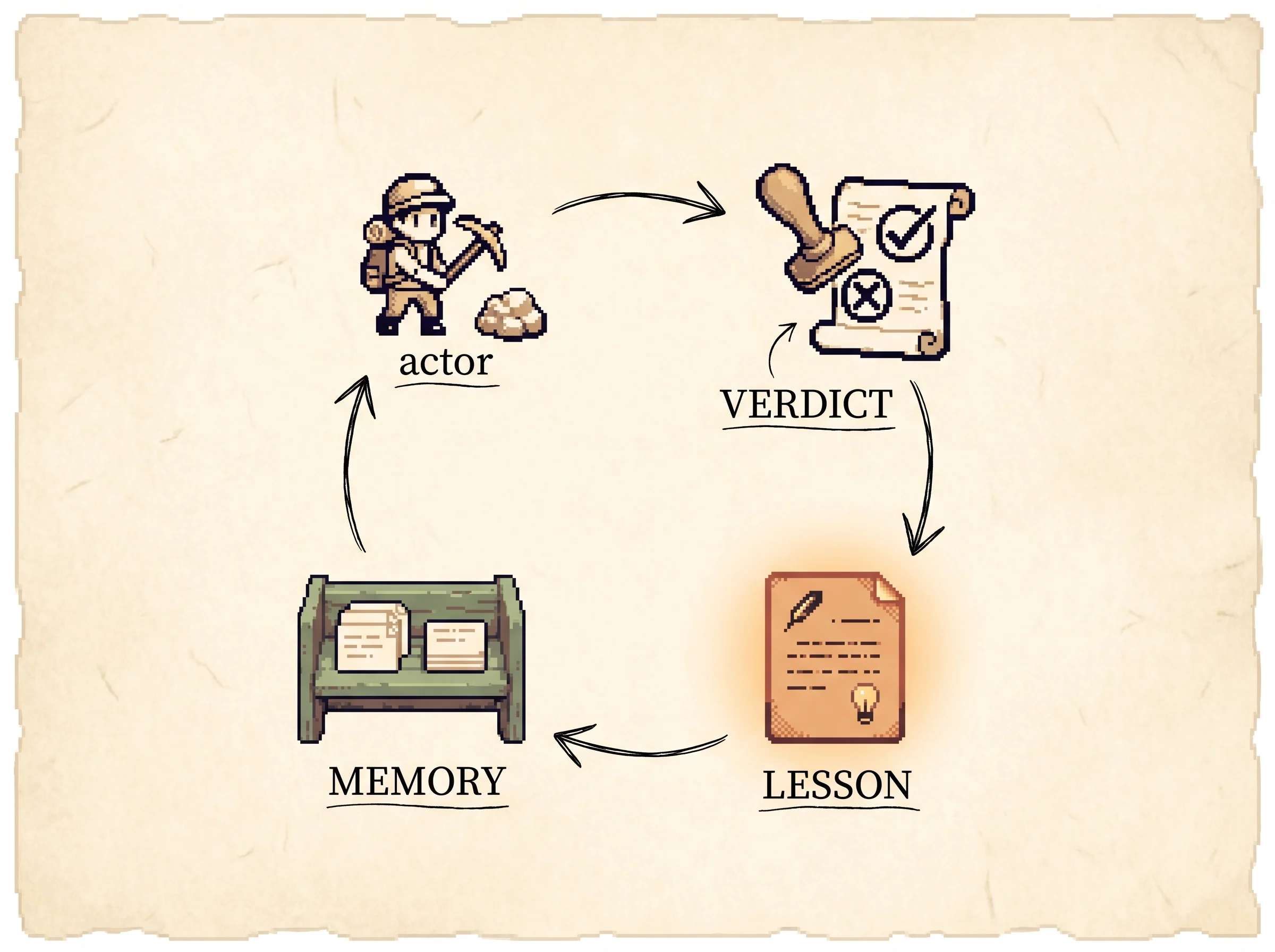 Four helpers passing one task around a ring connected by ink arrows: a pixel actor tries the task, a wax stamp marks a pass-or-fail verdict, a glowing clay-orange note card holds the lesson, and a sage-green shelf of cards is the memory that hands the lesson back to the actor, showing the four parts of the Reflexion loop.