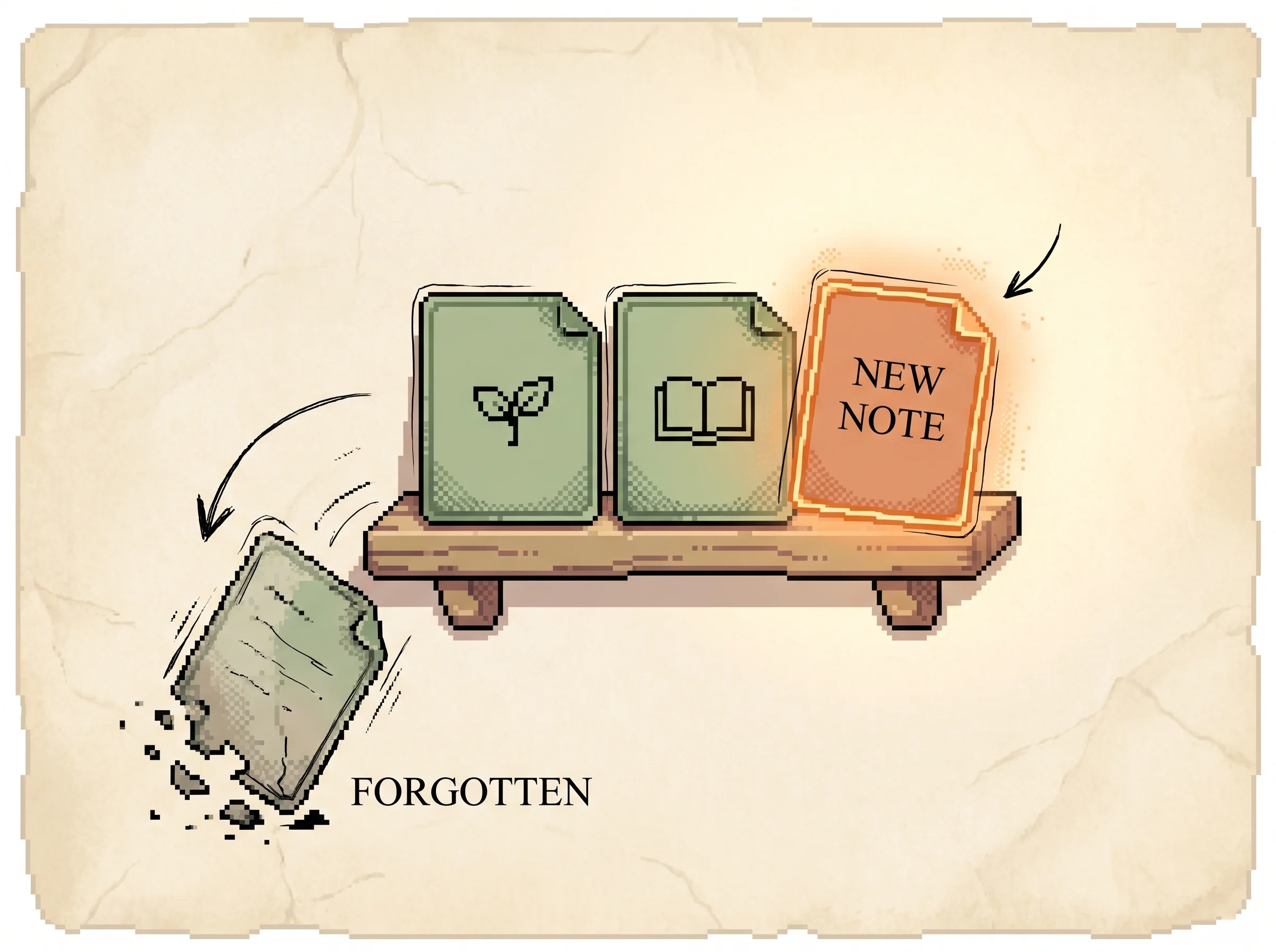 A short wooden pixel shelf holding three lesson cards, with a glowing clay-orange new card sliding onto one end and the oldest sage-green card tumbling off the far edge labelled forgotten, showing that memory holds only the last few lessons so an old one falls off when a new one arrives.