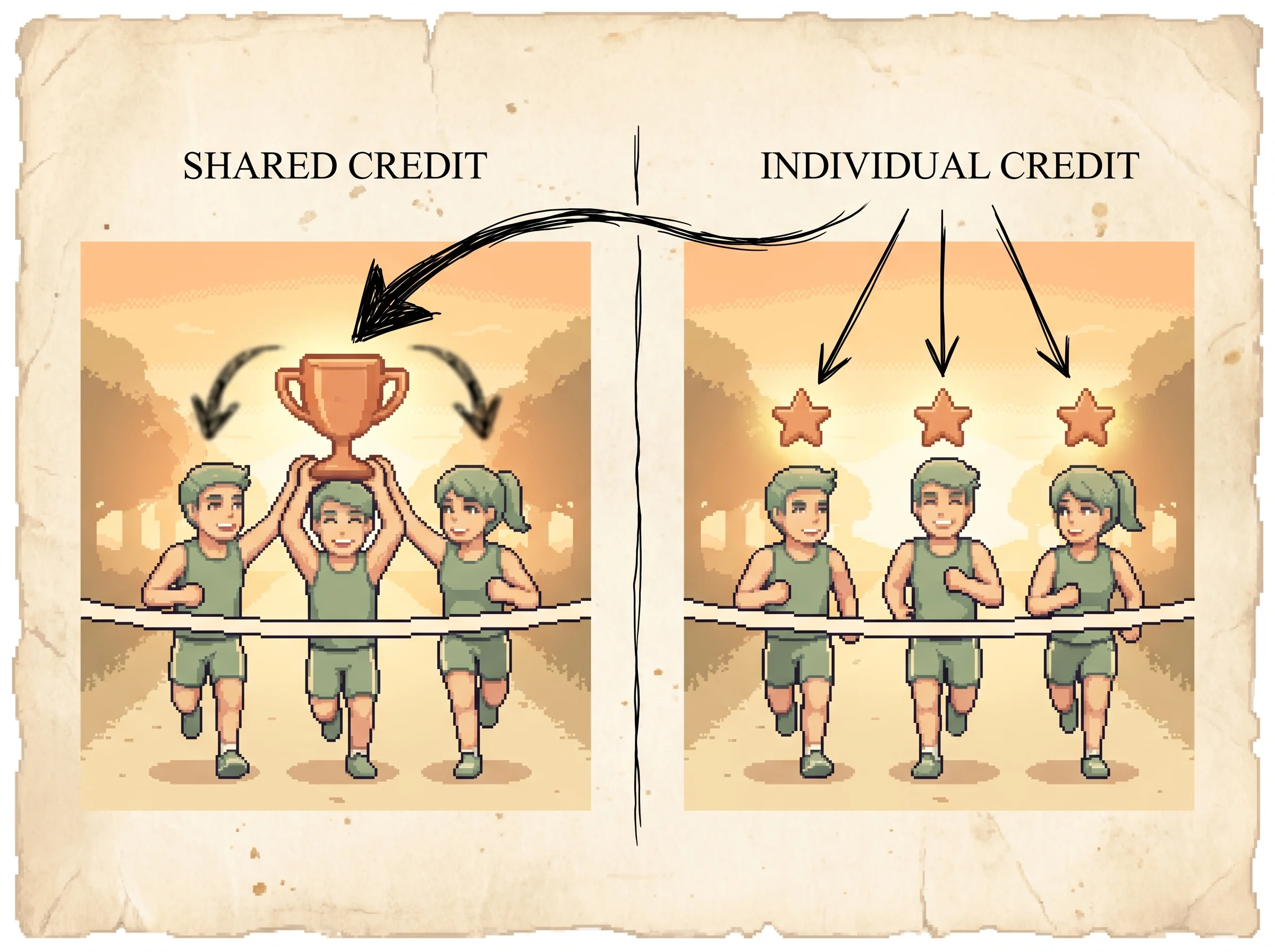 A two-panel pixel-art comparison: on the left three relay runners share one big clay-orange trophy with credit arrows blurred across all of them, on the right each runner has their own star and arrow, showing trajectory-level credit smears one reward over every step while turn-level credit gives each step its own.