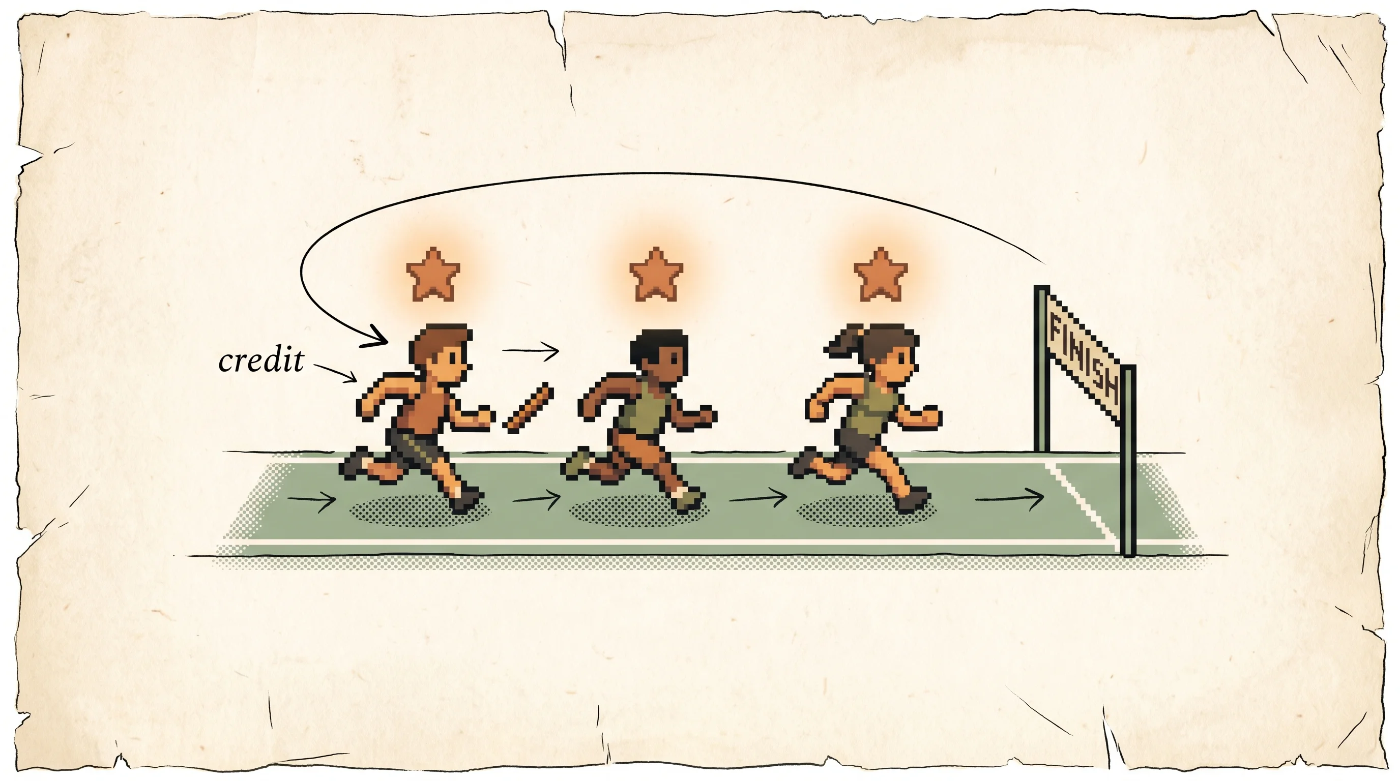 Three pixel-art relay runners pass a baton toward a finish line, a clay-orange star floating over each runner instead of one trophy at the end, with an ink arrow labelled credit curving back from the finish to tag each runner, showing that turn-level rewards hand credit to the exact step that earned it.