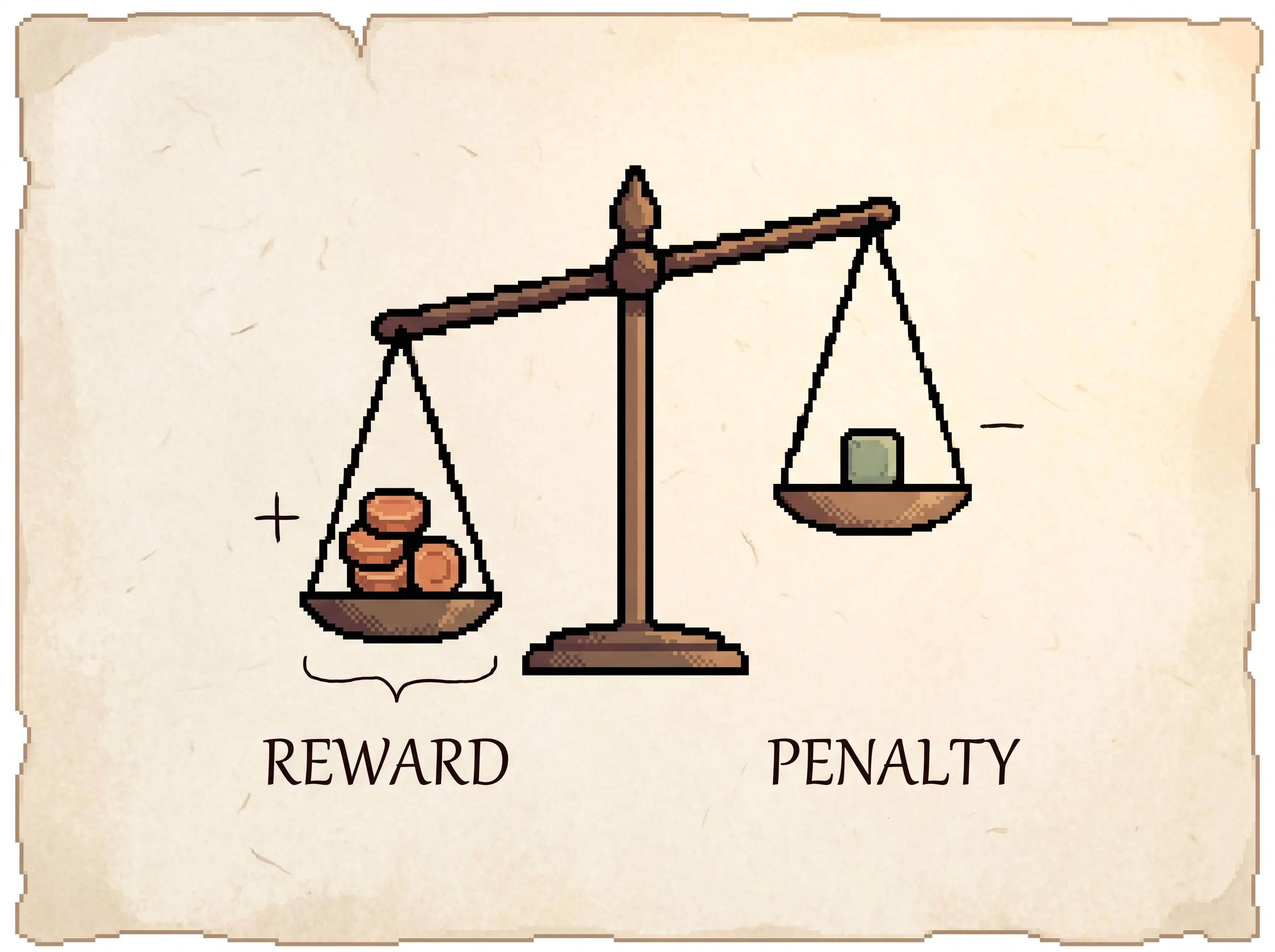 A pixel-art balance scale tilting toward a stack of clay-orange reward coins with a plus sign, while a single sage-green weight with a minus sign pulls the other pan, showing that a turn's reward is good moves like tool use and retrieval added up minus a penalty for wasted searches.