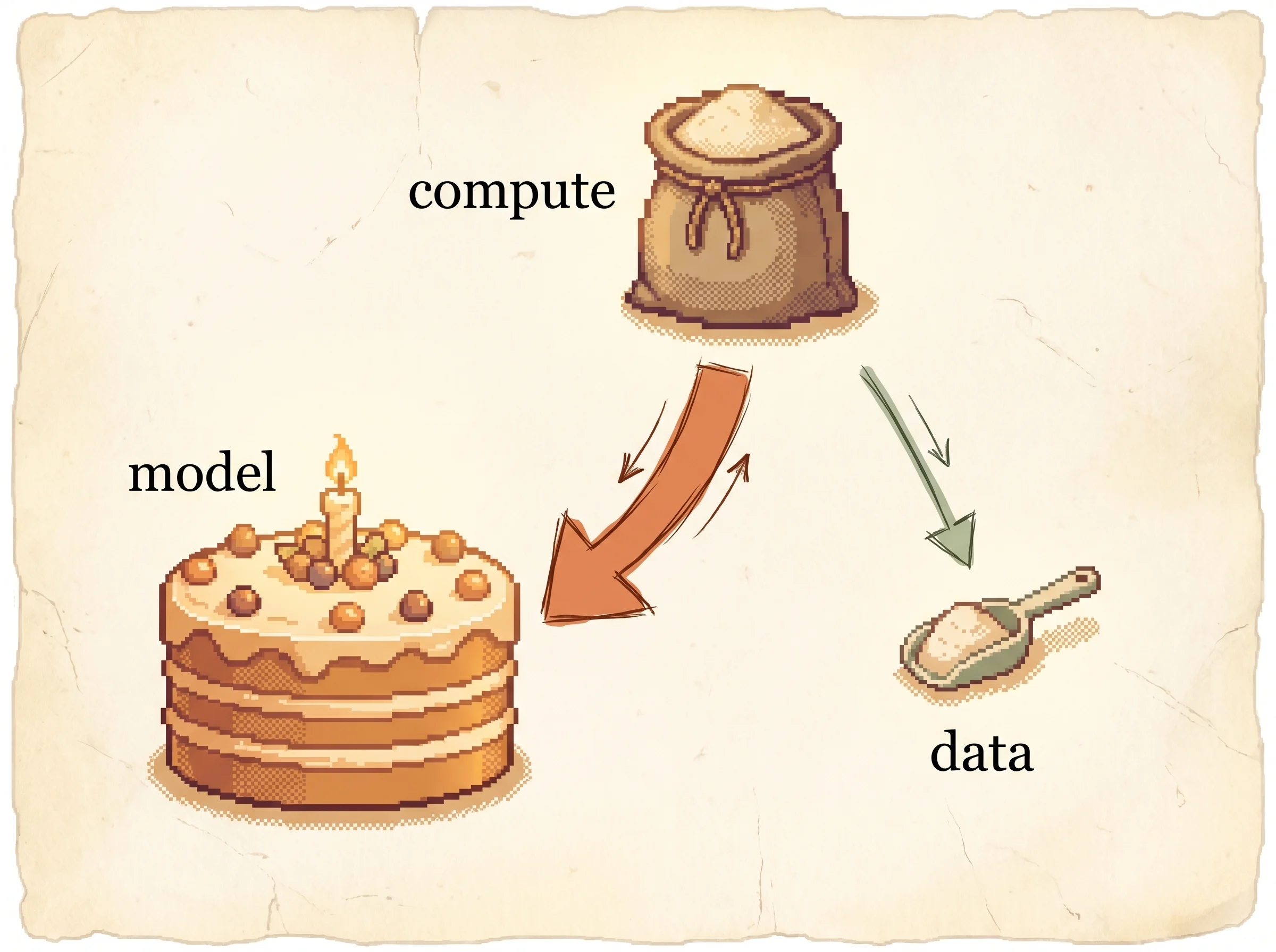 A pixel sack of flour labelled compute splits with a thick clay-orange arrow into a large layer cake labelled model and a thin sage arrow into a tiny scoop of batter labelled data, showing that a fixed compute budget is best spent mostly on a bigger model and only a little on more data.
