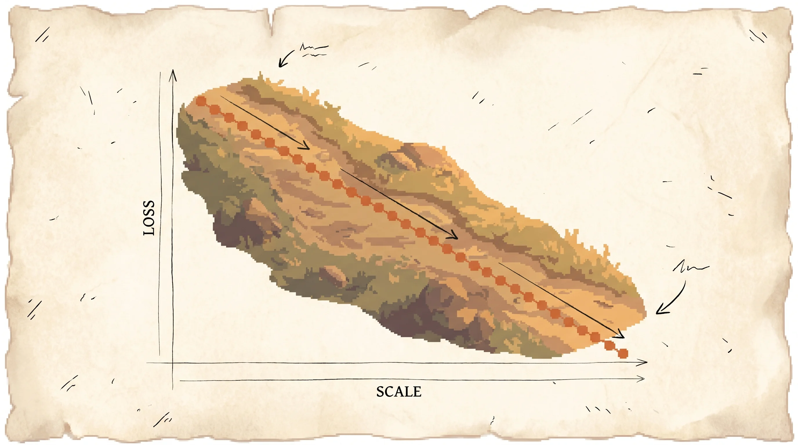 A row of clay-orange dots descends in a dead-straight line down a pixel mountain slope from upper-left to lower-right, with inked loss and scale axes, showing that a model's error falls along a clean straight power law as you grow its scale.