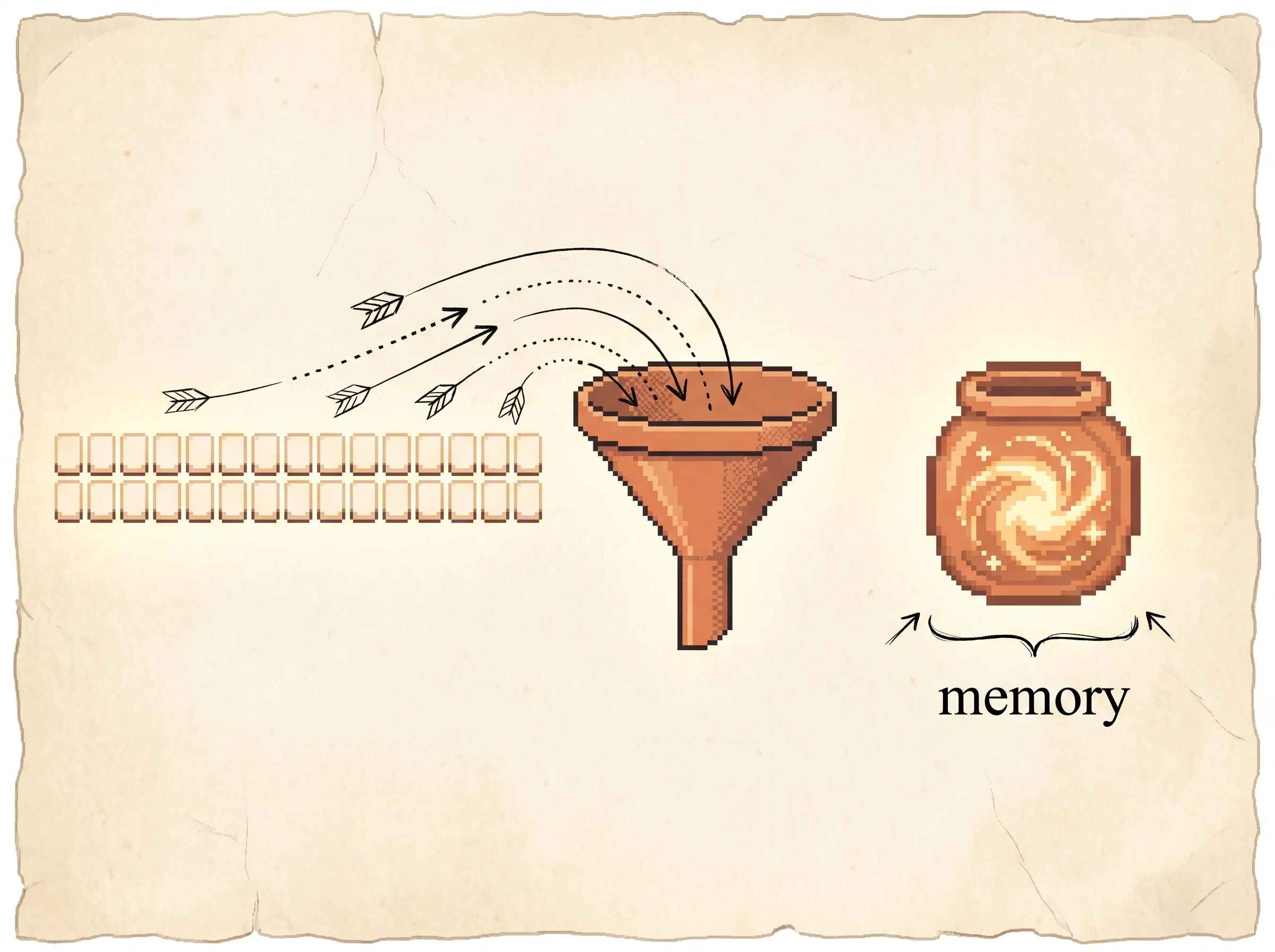 A long row of many blank pixel tiles streams through a clay-orange funnel into one small fixed-size jar of swirling light labelled memory, showing that the encoder must cram a whole variable-length sentence into a single fixed-length vector.