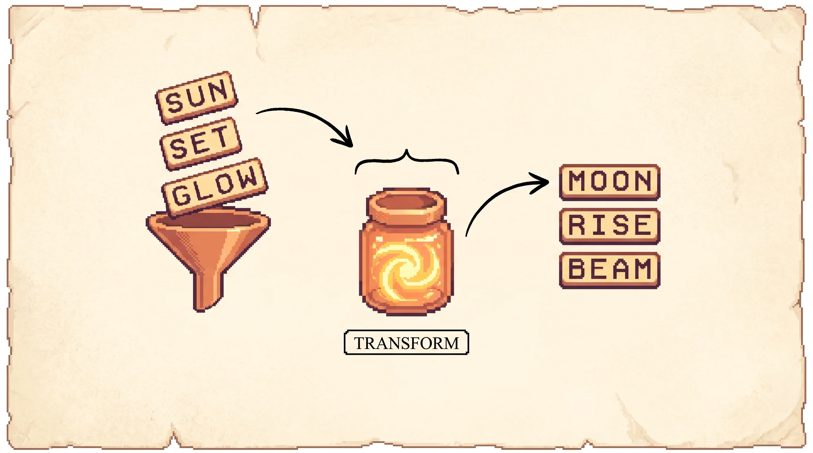 Three pixel-art word tiles tip through a clay-orange funnel into one small glowing jar in the middle, then a different set of three word tiles flows back out the other side, showing that one network squeezes a whole sentence into a single memory vector and a second network unrolls it into a new sentence.