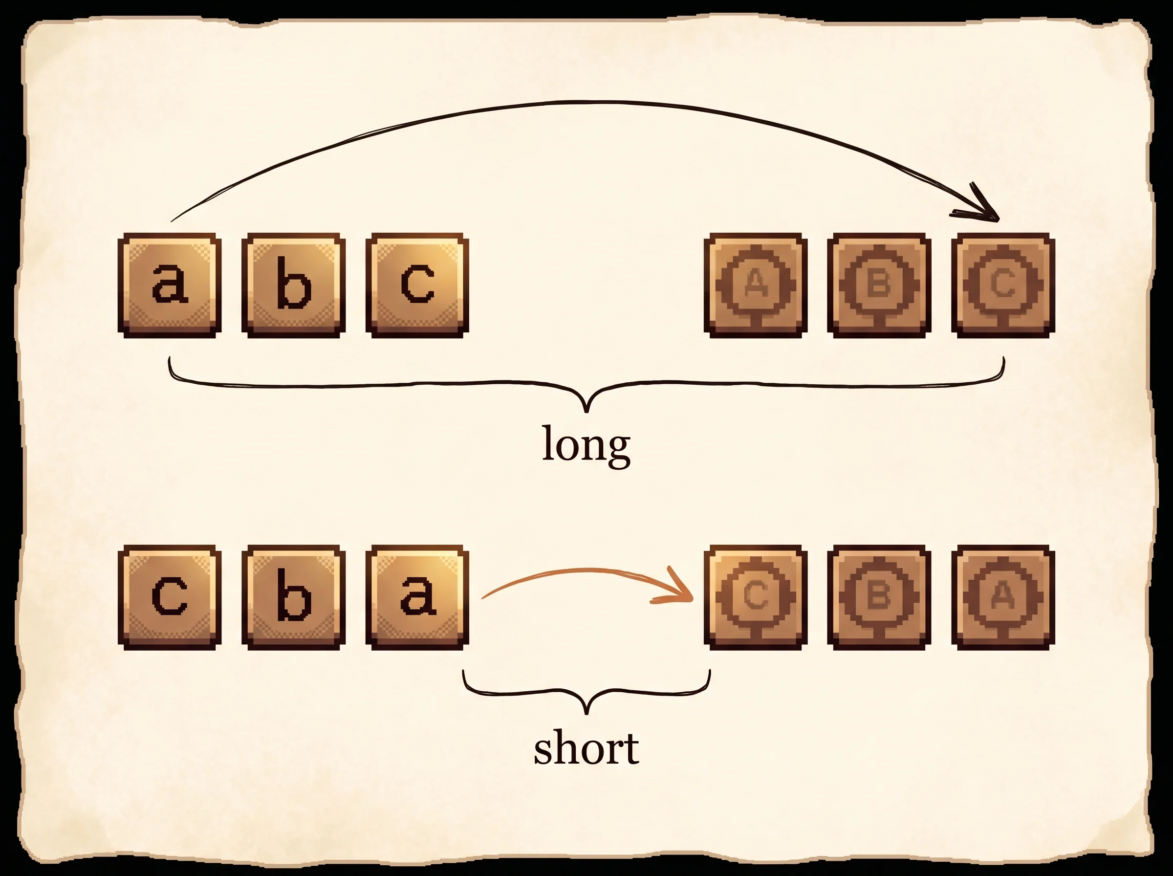 Top row shows source tiles a, b, c with a long arc reaching across to their matches A, B, C and a wide brace labelled long; the bottom row reverses the source to c, b, a so a short clay-orange arrow hops a small distance to its match with a brace labelled short, showing that reversing the input shortens the gap each signal must travel.