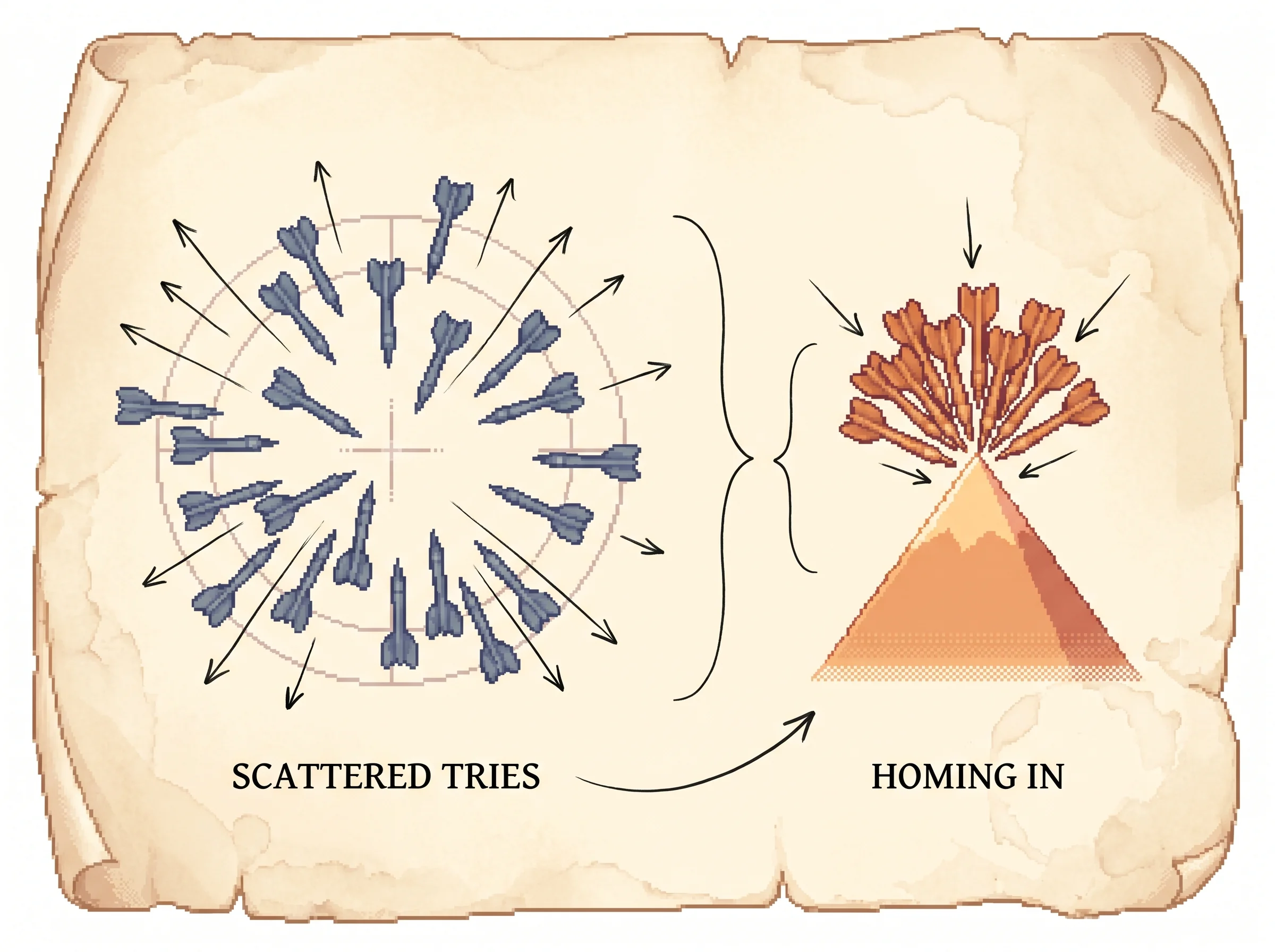 A wide slate scatter of darts flung outward on the left, a tight clay-orange cluster of darts hitting a small bright peak on the right, and a curved ink arrow with a shrinking bracket sweeping between them, showing that the unit scatters its tries wide while it is doing poorly and tightens its spread as it homes in on the peak.