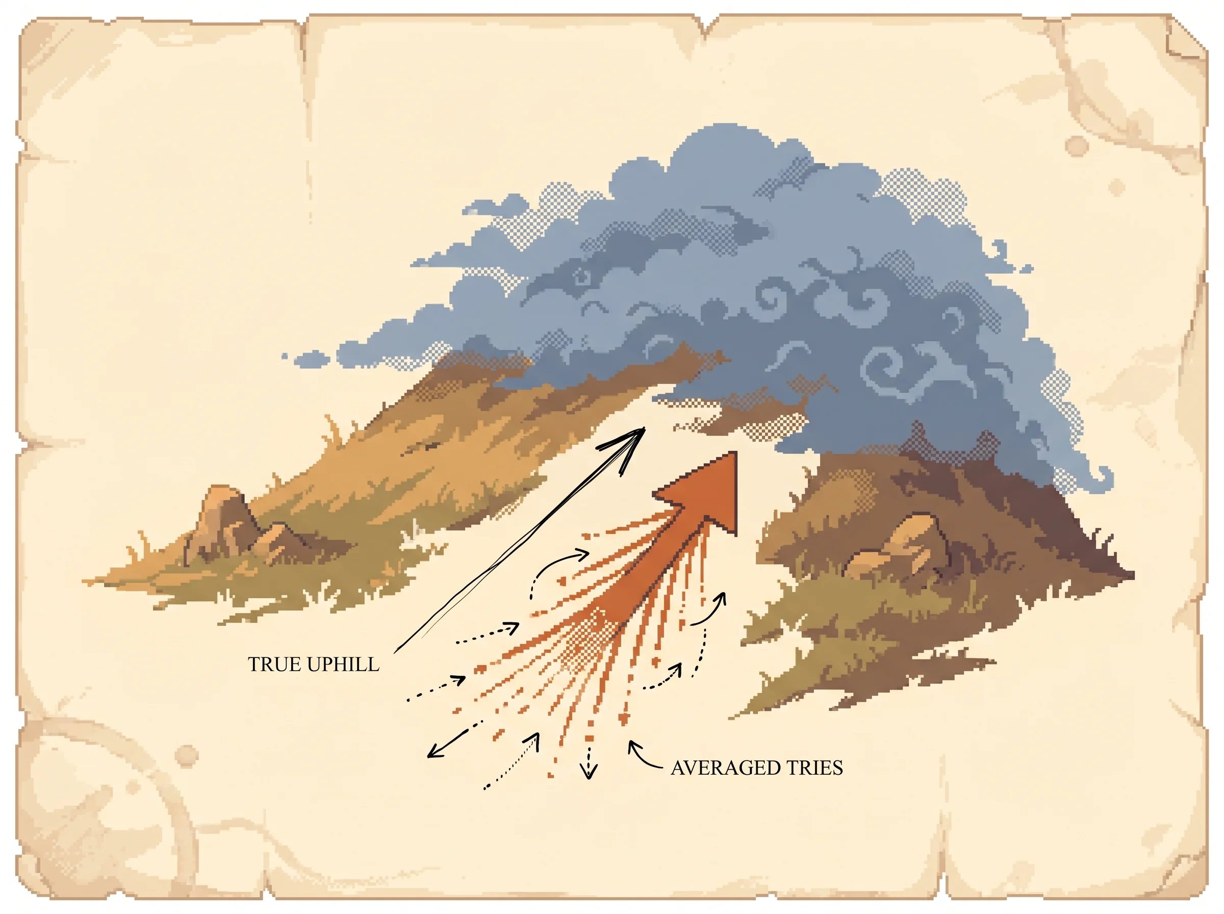 A pixel hill with its top lost in slate fog on parchment, a faint thin ink arrow on the slope marking the true uphill direction, and a bold clay-orange arrow built from a fan of averaged random tries pointing the same way up the slope, showing that averaging many random tries points uphill even though the slope was never measured.