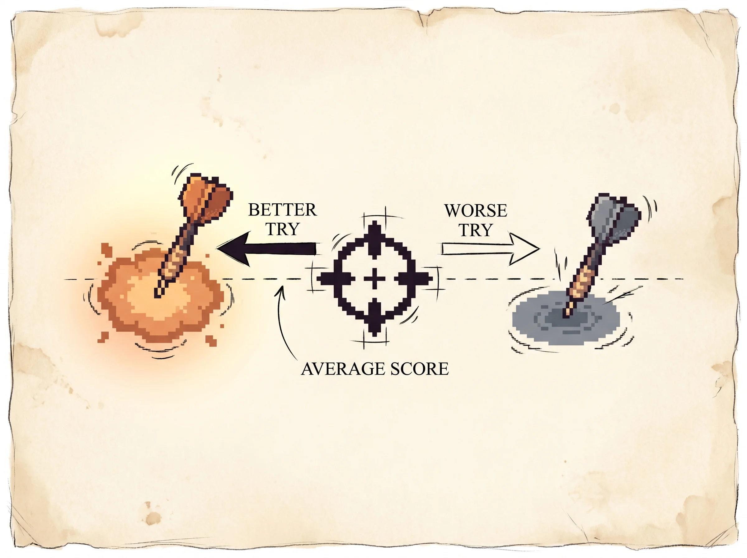 A central aim crosshair on parchment with a dashed ink line marking the average score, one clay-orange dart that beat the average pulling the aim toward it with a solid arrow, and one slate dart below average pushing the aim away with a hollow arrow, showing that the update nudges the aim toward tries that scored above the running average and away from tries that scored below it.