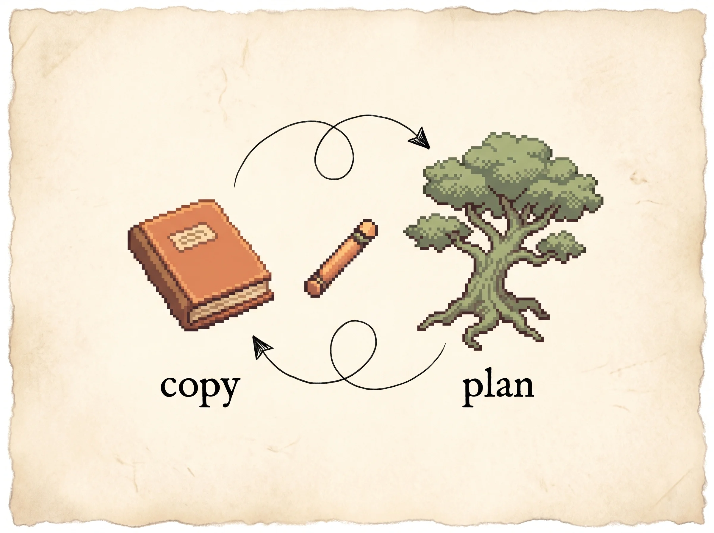 A clay-orange pixel notebook and a sage-green pixel tree pass a baton around an ink loop labelled copy and plan, showing that each round the fast learner copies the stronger planner and the planner then plans with the sharper learner.