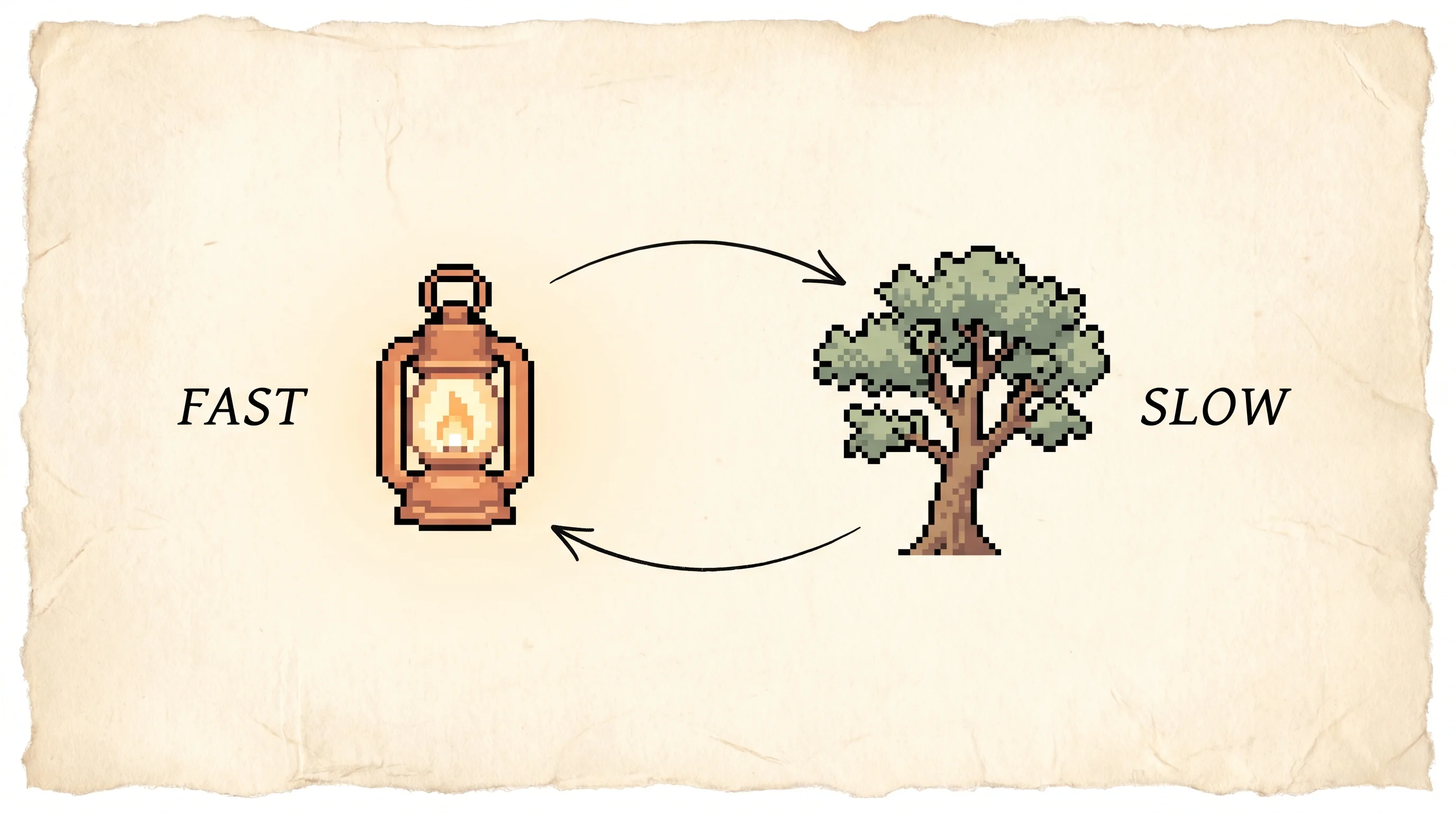 A small clay-orange pixel lantern labelled fast sits across from a sage-green pixel tree labelled slow, joined by two curved ink arrows into a loop, showing a quick intuition and a slow search taking turns making each other stronger.