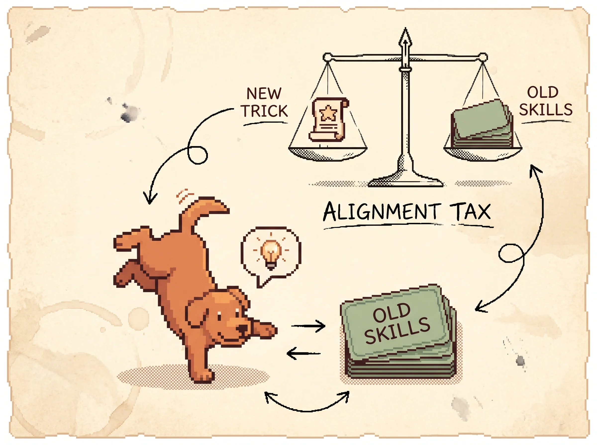 A clay-orange pixel dog proudly does a new trick while a sage stack of flash cards labeled old skills sits beside it and an ink balance scale labeled alignment tax holds the new trick and the old cards level, showing that learning the new behavior costs old skills unless you keep reviewing them.