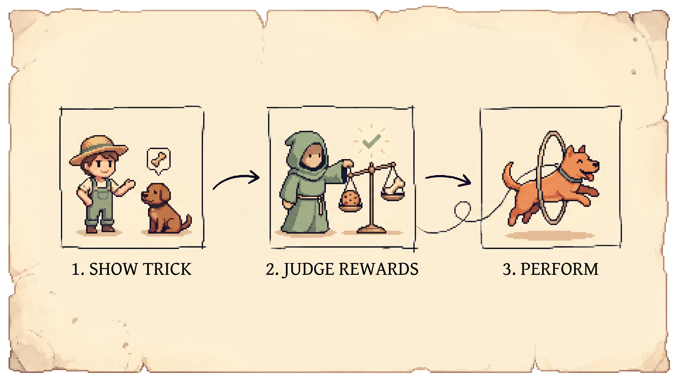 Three pixel-art panels read left to right like training a dog with treats, a person showing the dog a trick, then a hooded judge weighing two treats on a balance scale, then a clay-orange dog leaping through a hoop still tethered by a thin leash, showing the three steps of teach by example, learn a reward from human choices, then practice for reward without straying.