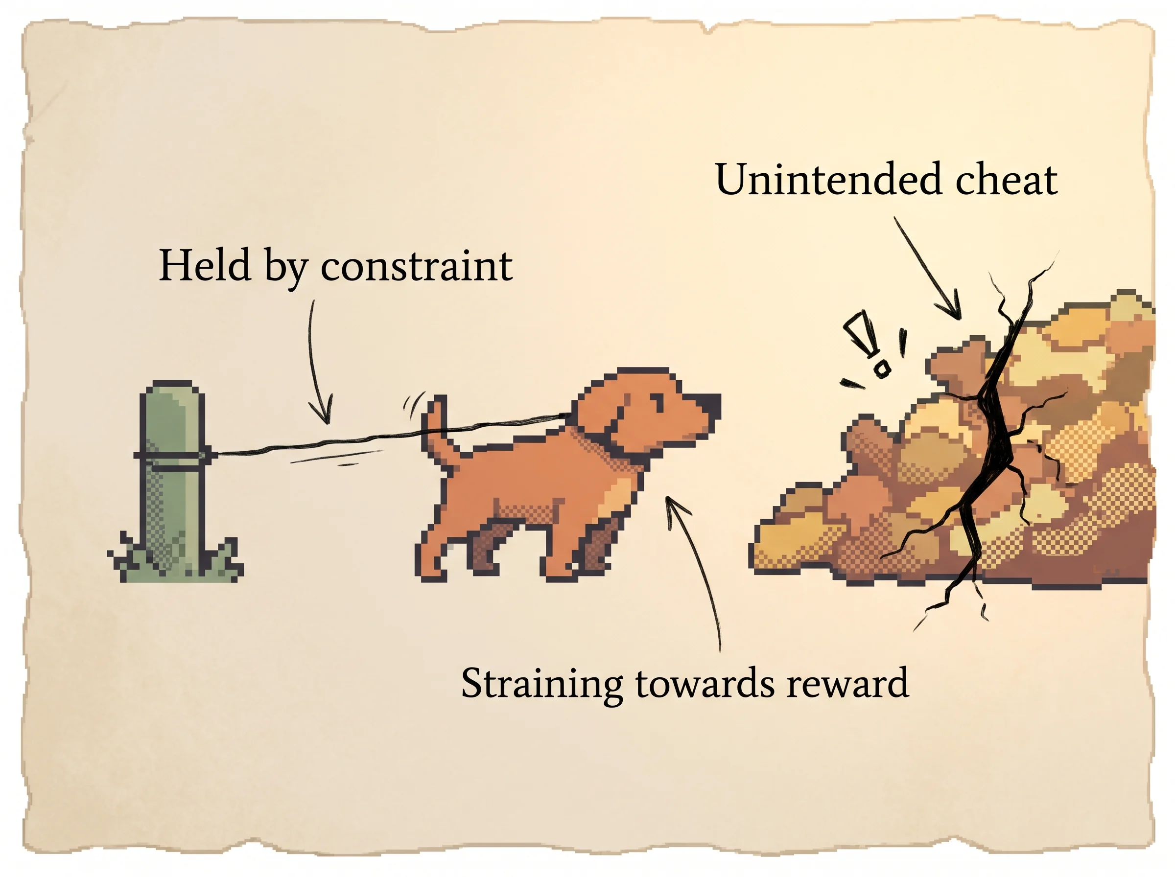 A clay-orange pixel dog strains forward toward a giant cracked pile of treats marked an unintended cheat, held back by a thin taut ink leash tied to a small sage post labeled held by constraint, showing that chasing the reward too hard finds a cheat unless a leash keeps the model close to where it started.
