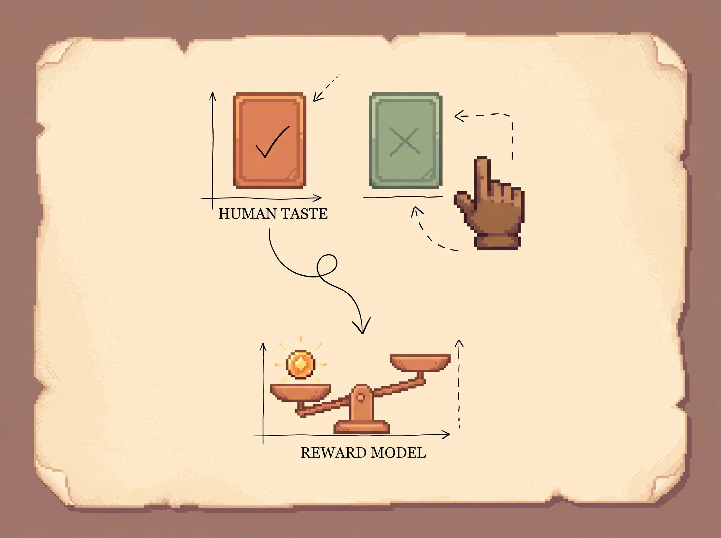 Two pixel answer cards sit at the top, an orange one with a check mark labeled human taste and a sage one with a cross, with a hand pointing at the winner, and an ink arrow flows down into a clay-orange balance scale labeled reward model that tips toward a glowing coin, showing that the reward model learns to score answers from the answers a person picks.