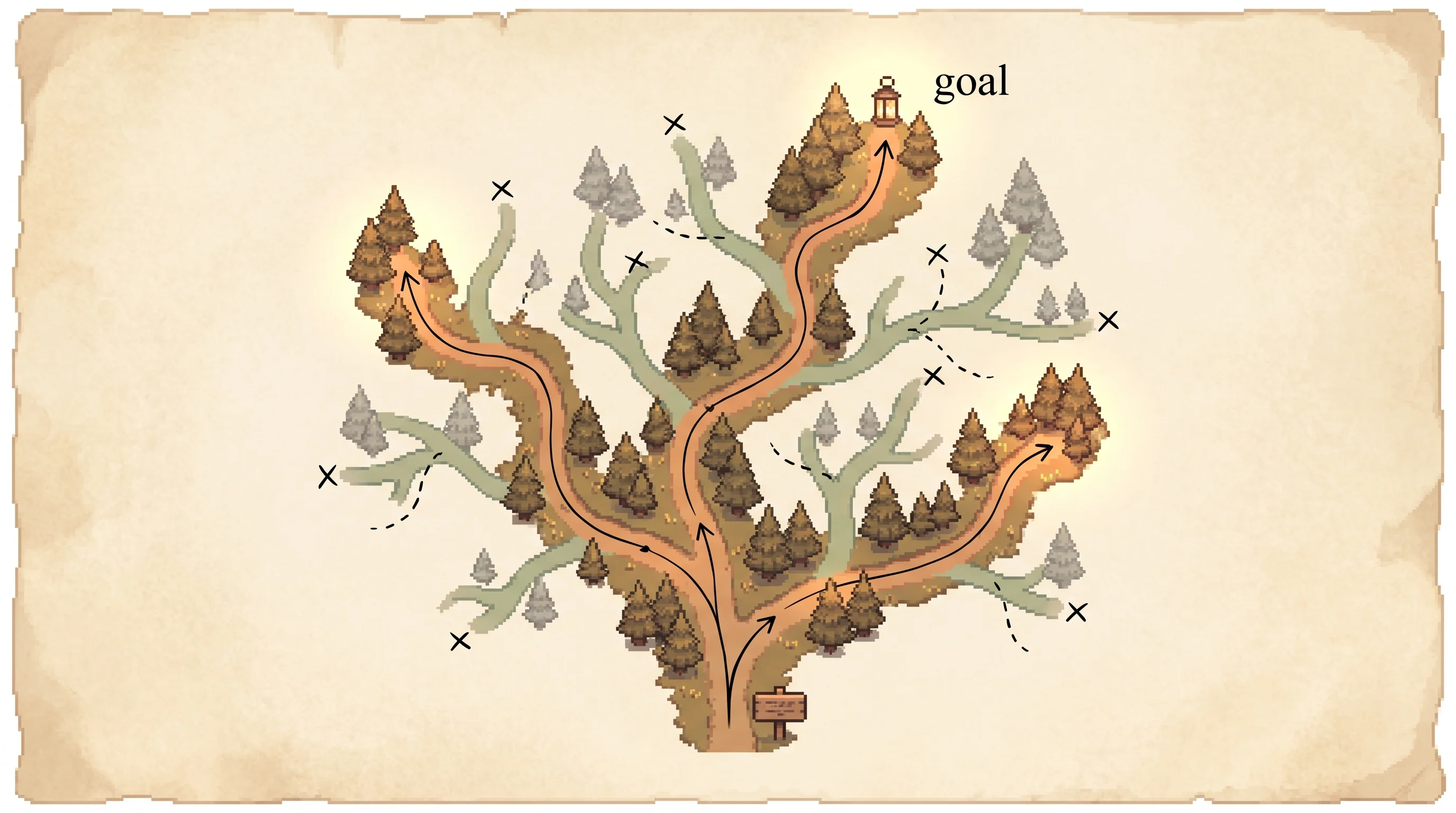A pixel-art field-journal map where a single trailhead splits into a branching tree of forest trails, a few lit clay-orange trails traced by ink arrows climbing to a glowing lantern marked goal while the other trails fade to gray and dead-end with x marks, showing that Tree of Thoughts explores many partial-answer branches, keeps the promising ones, and searches its way to the answer.