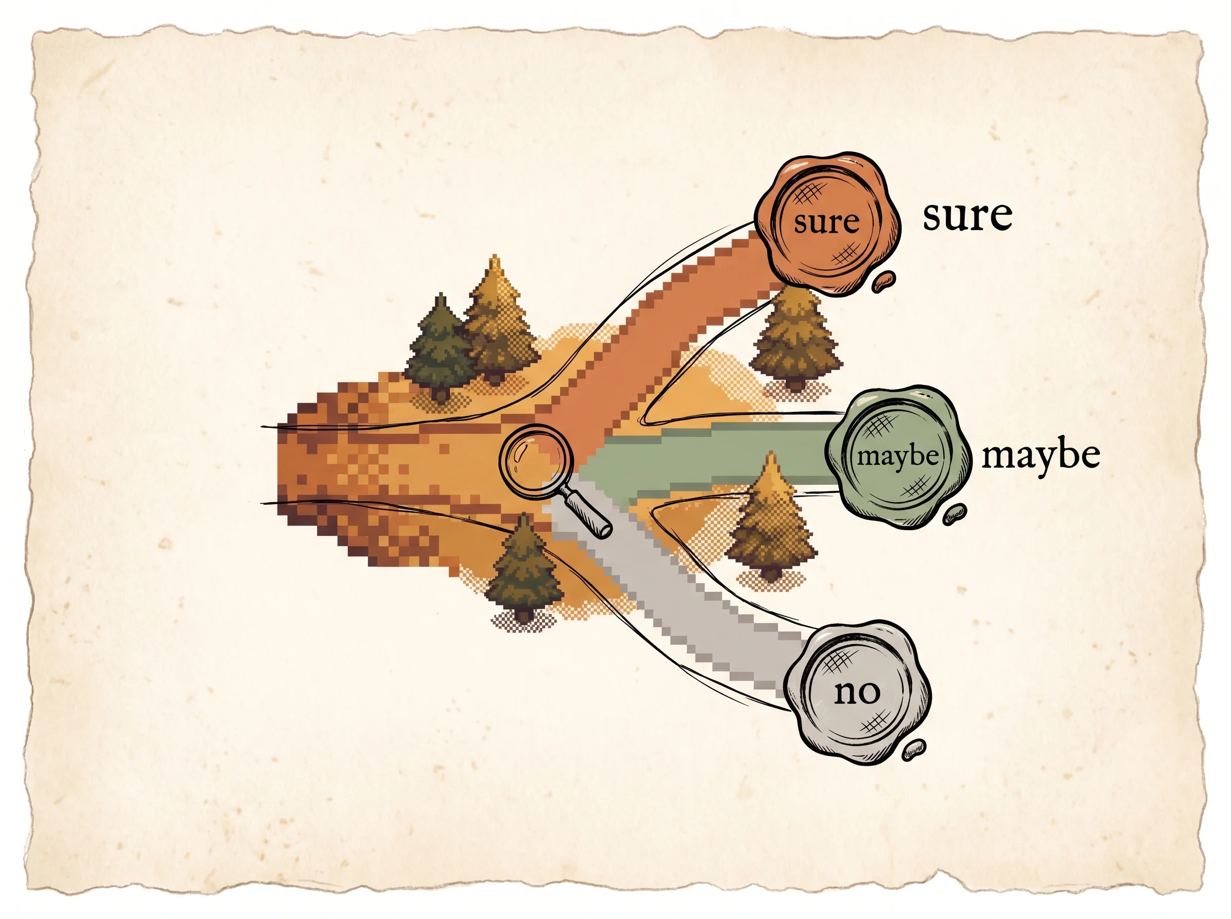 A forest trail splitting into three forks at a junction with an ink wax-seal stamp on each path reading sure, maybe, and no, and a small ink magnifier at the junction, showing that the language model both proposes the next steps and grades each one before the search decides which to follow.