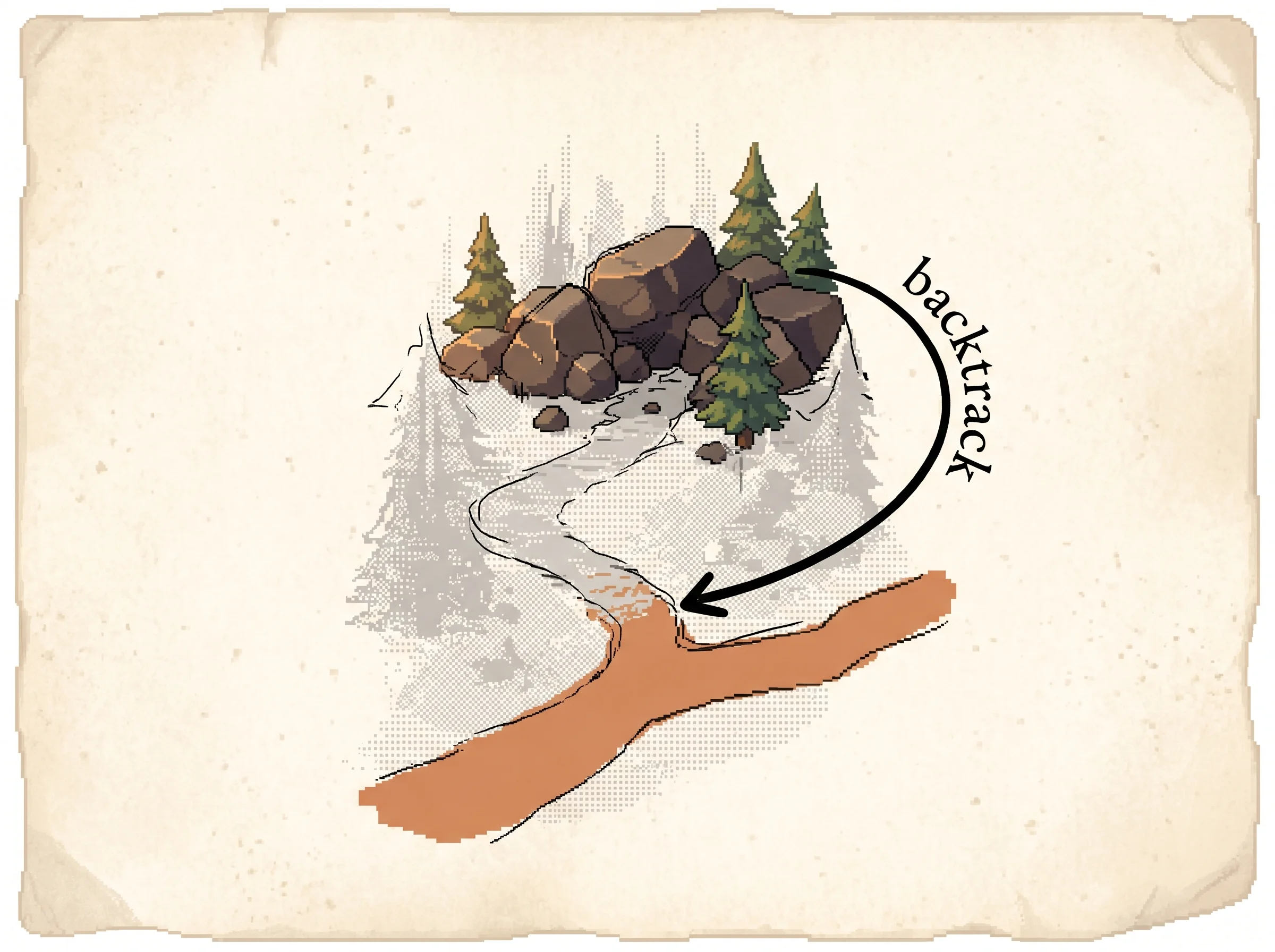 A forest trail that climbs into a pile of boulders blocking the way, with a bold curved ink arrow labelled backtrack looping back down to the last fork where a fresh clay-orange trail sets off in a new direction, showing that depth-first search prunes a dead-end branch and backs up to try another.