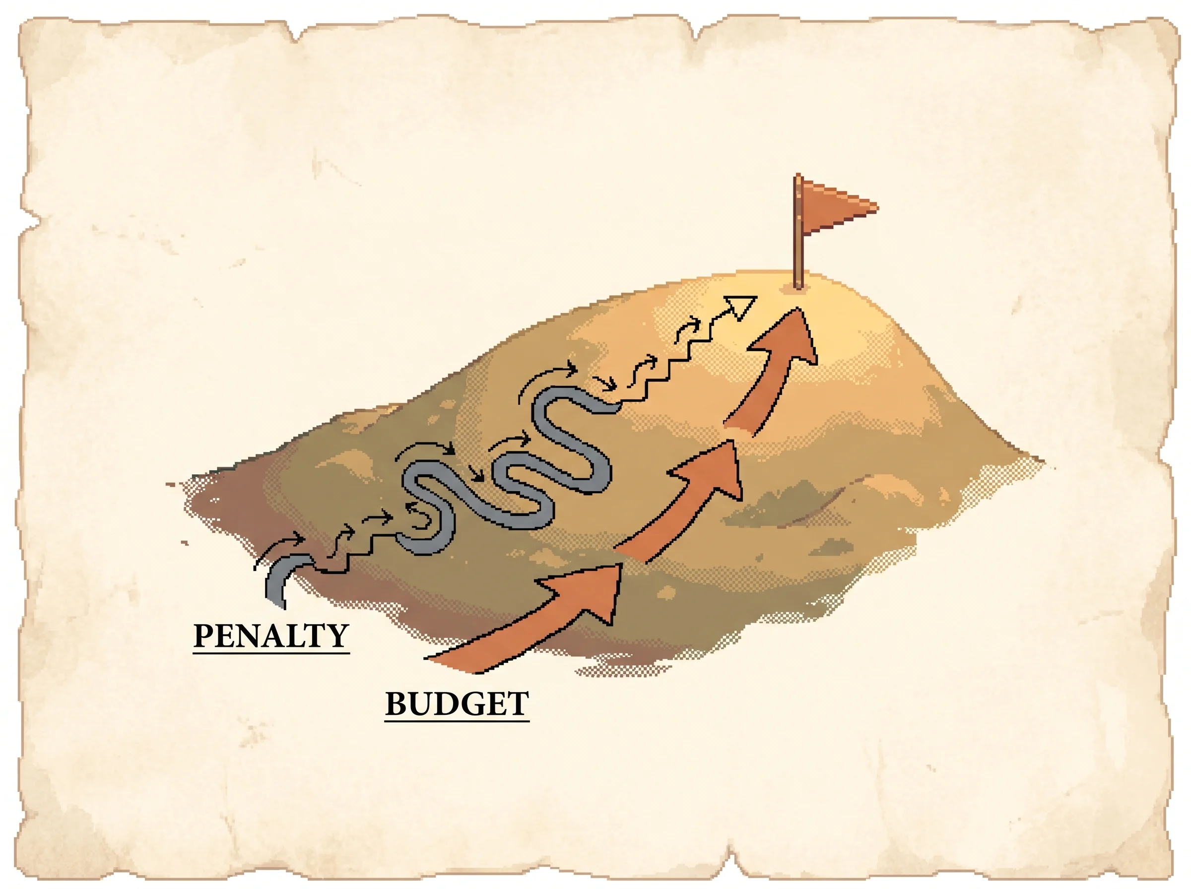 A muted slate path of many tiny winding stair-steps labelled penalty that crawls only partway up a pixel hill, beside a clay-orange path of a few large confident step-arrows labelled budget that reaches a flag at the summit, showing that a heavy KL penalty forces timid tiny steps while a fixed KL budget allows fast bounded steps that reach the top.
