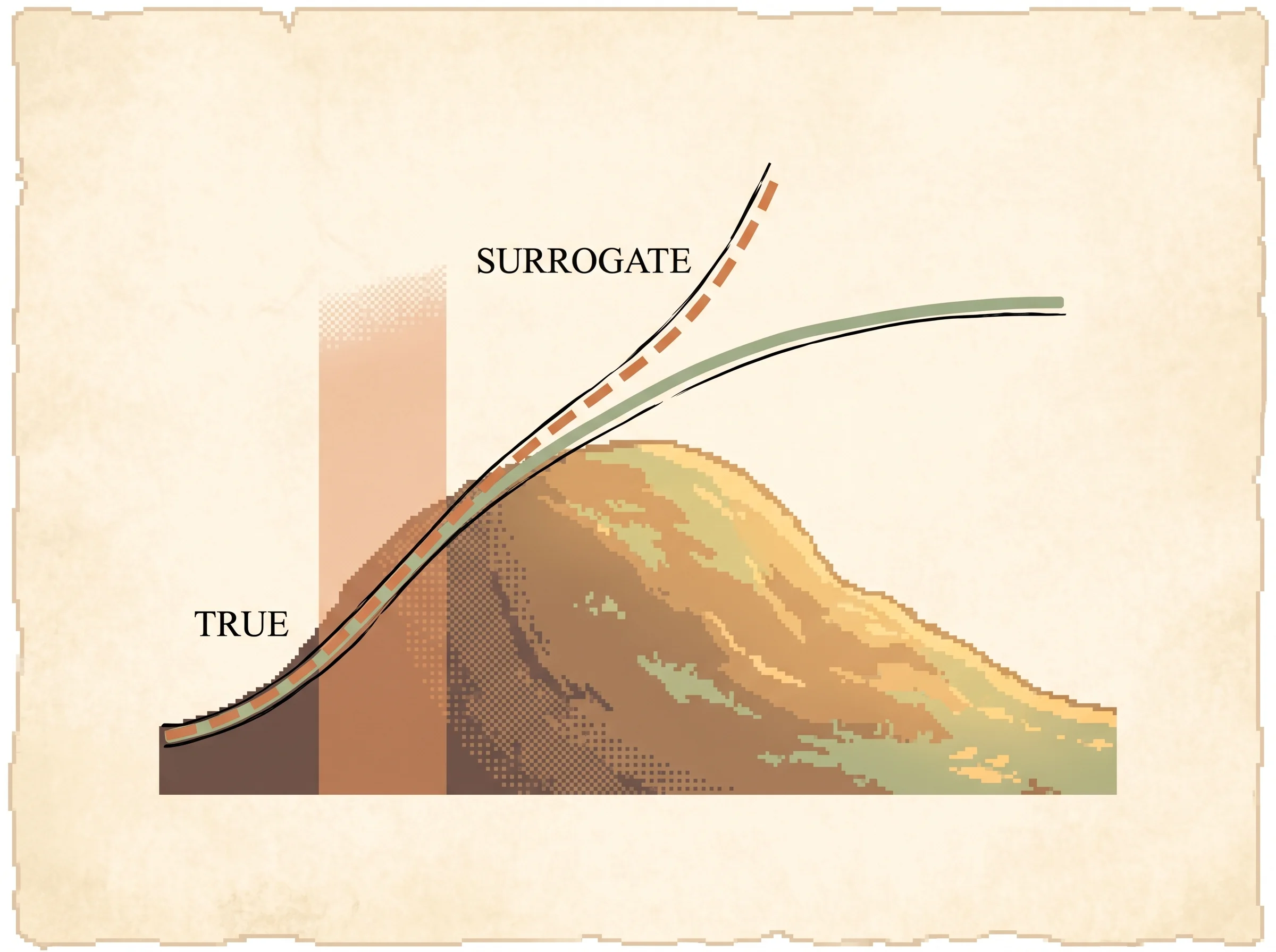 A clay-orange dashed curve labelled surrogate and a sage solid curve labelled true climbing a pixel hill, hugging each other tightly on the left inside a faint shaded band then peeling apart on the right, showing that the local estimate of the improvement matches the real return only while the new policy stays close to the old one.