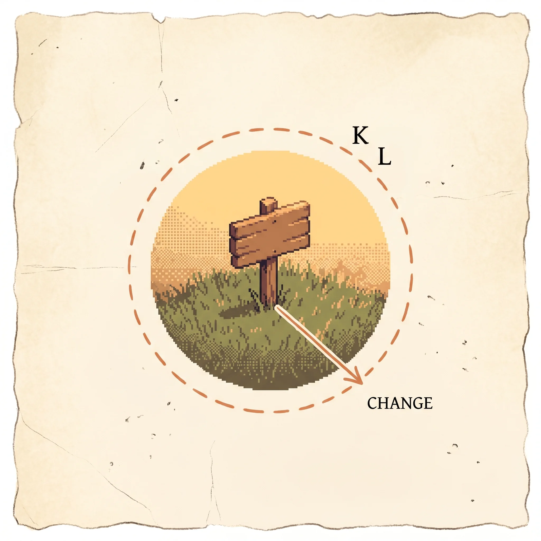 A pixel signpost standing for the current policy with a dashed clay-orange circle drawn around it labelled K L, and a clay-orange arrow from the signpost that points outward and stops exactly at the circle's edge labelled change, showing that the update is the largest step that still keeps the new policy inside a fixed KL-divergence budget.