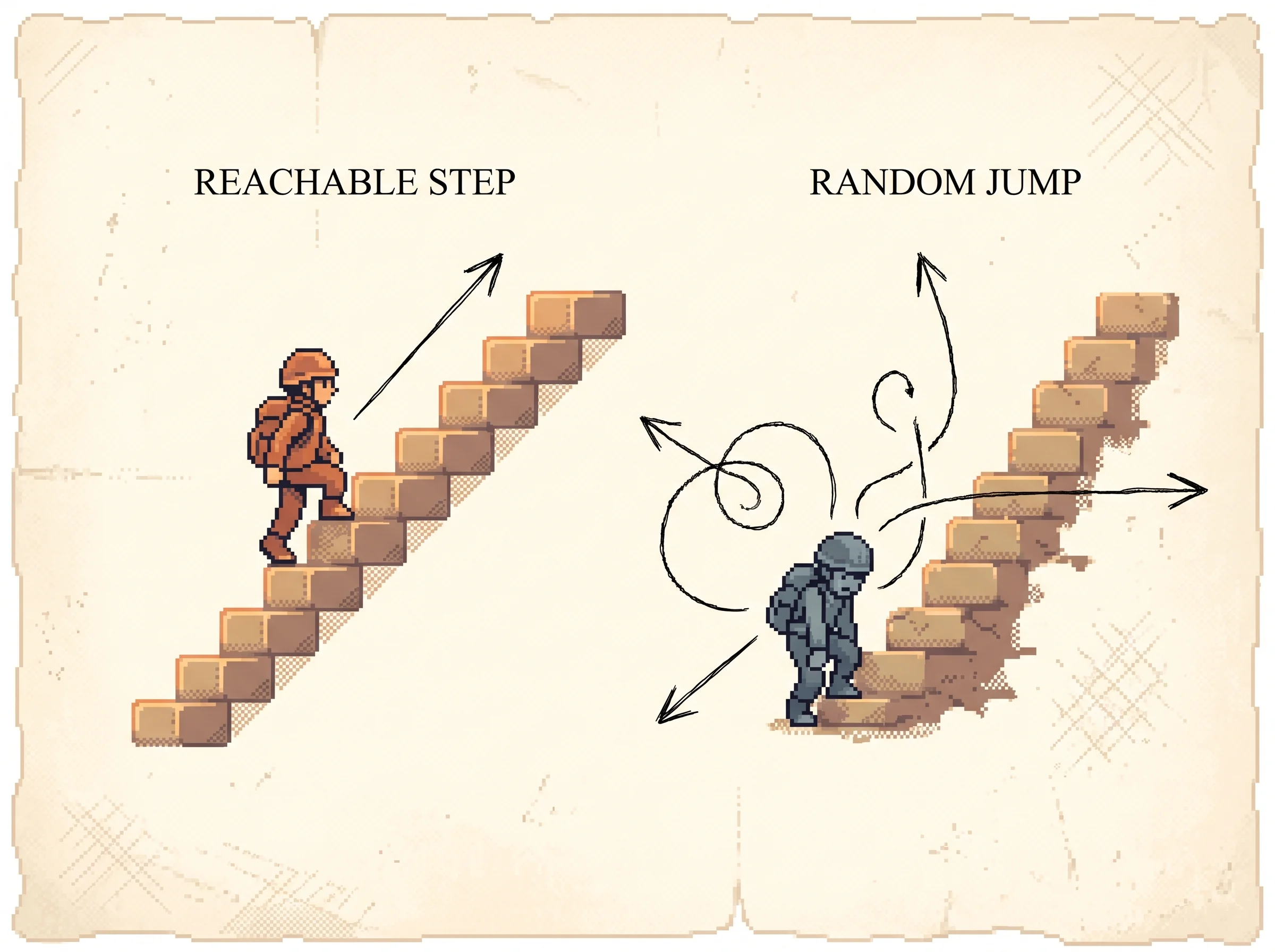 On the left a clay-orange pixel climber steps up an orderly staircase under a clean arrow labelled reachable step, while on the right a slate pixel climber sits stuck low among tangled arrows labelled random jump, showing that proposing the next reachable task climbs the tech tree while a random task order stalls.