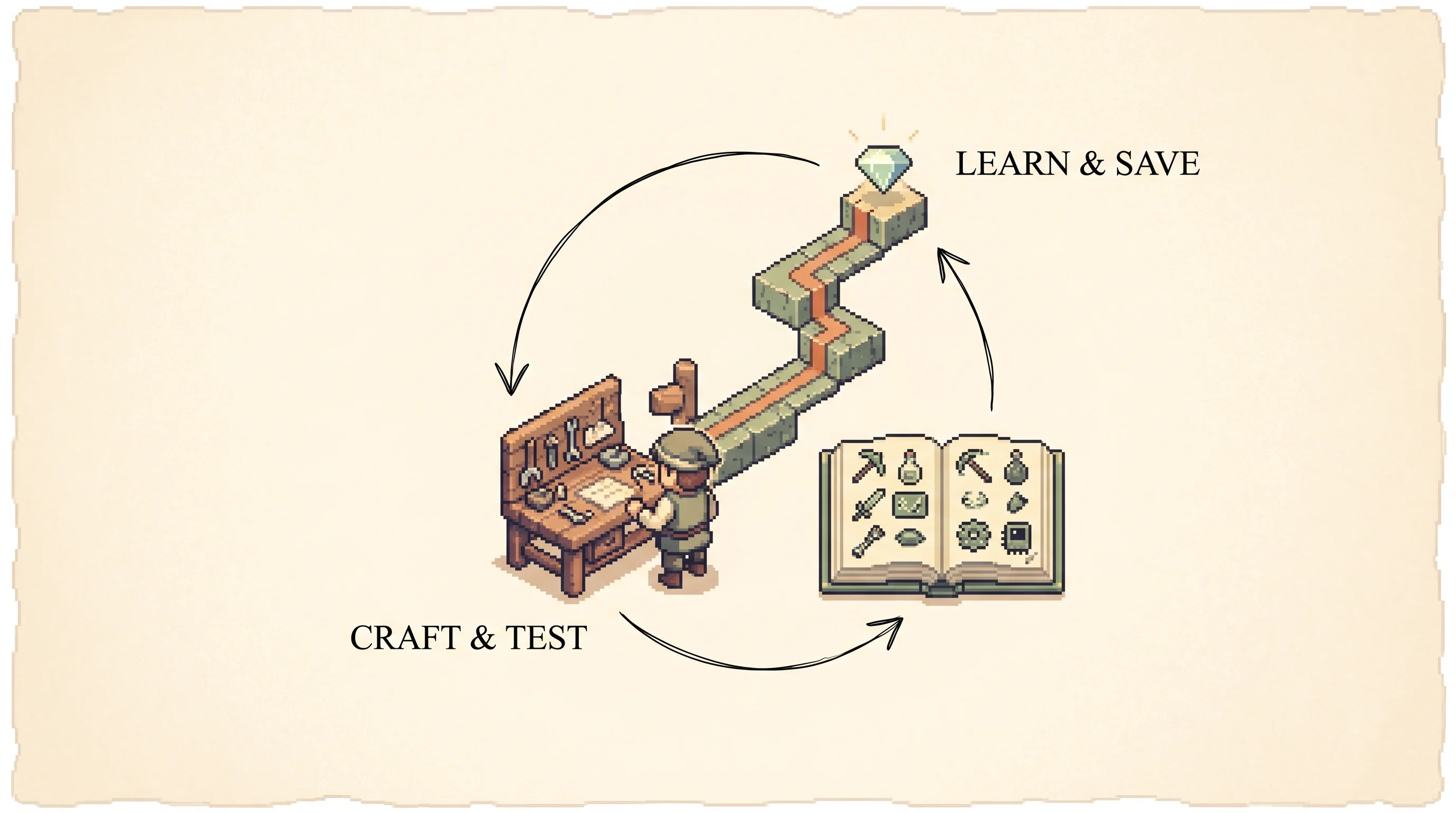 A pixel-art explorer stands at a crafting workbench while a recipe book beside them fills with tool icons and a stepped tech-tree path climbs toward a glowing diamond, with ink loop arrows joining craft-and-test to learn-and-save, showing that the agent keeps writing, testing, and saving skills so each new one builds on the last.
