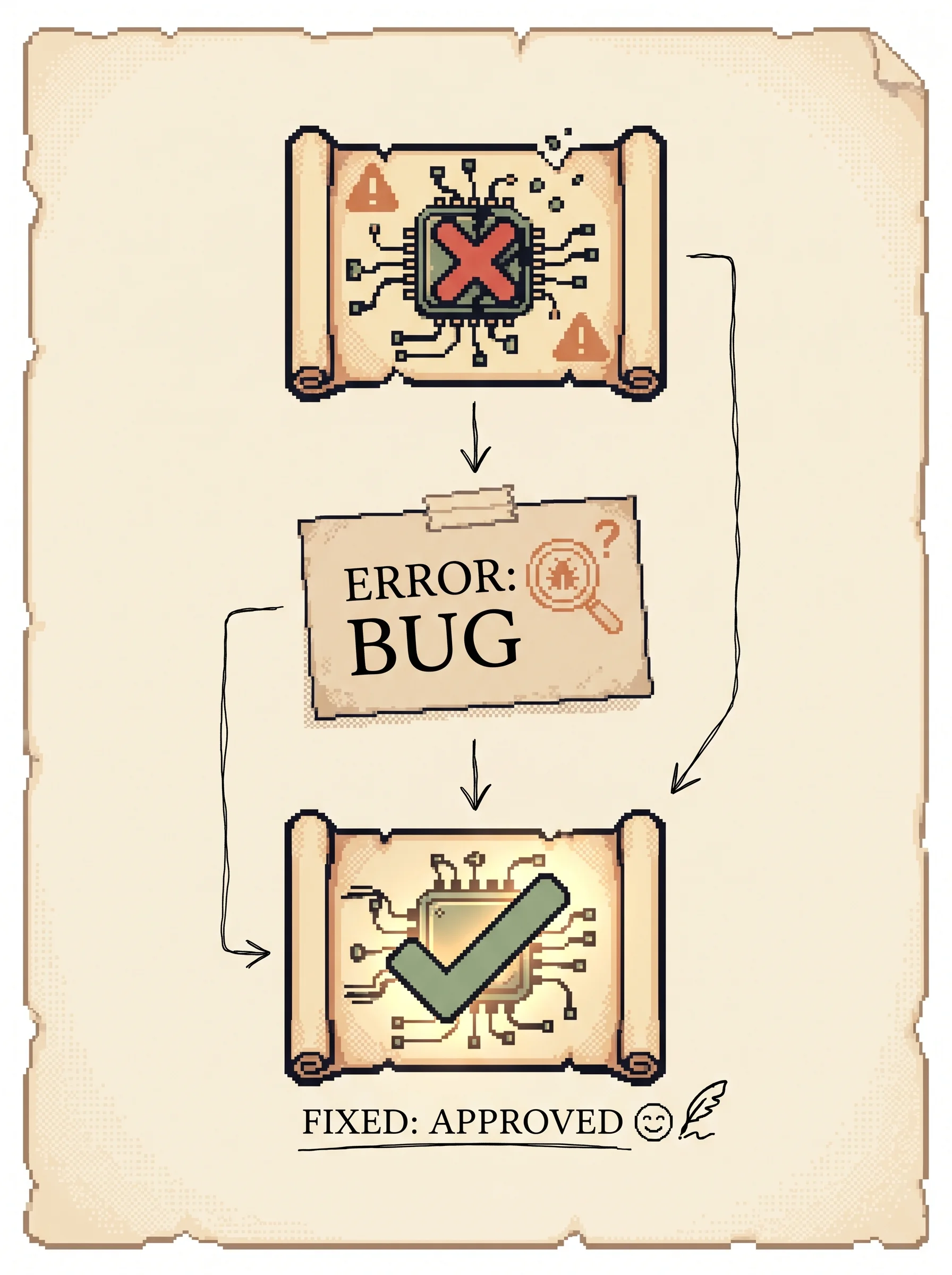Three stacked pixel panels joined by ink arrows, a code scroll with a red cross, an error note reading ERROR BUG, and a fixed code scroll with a green check labelled FIXED APPROVED, showing that the agent reads the error, rewrites the program, and a critic confirms it worked before the skill is saved.