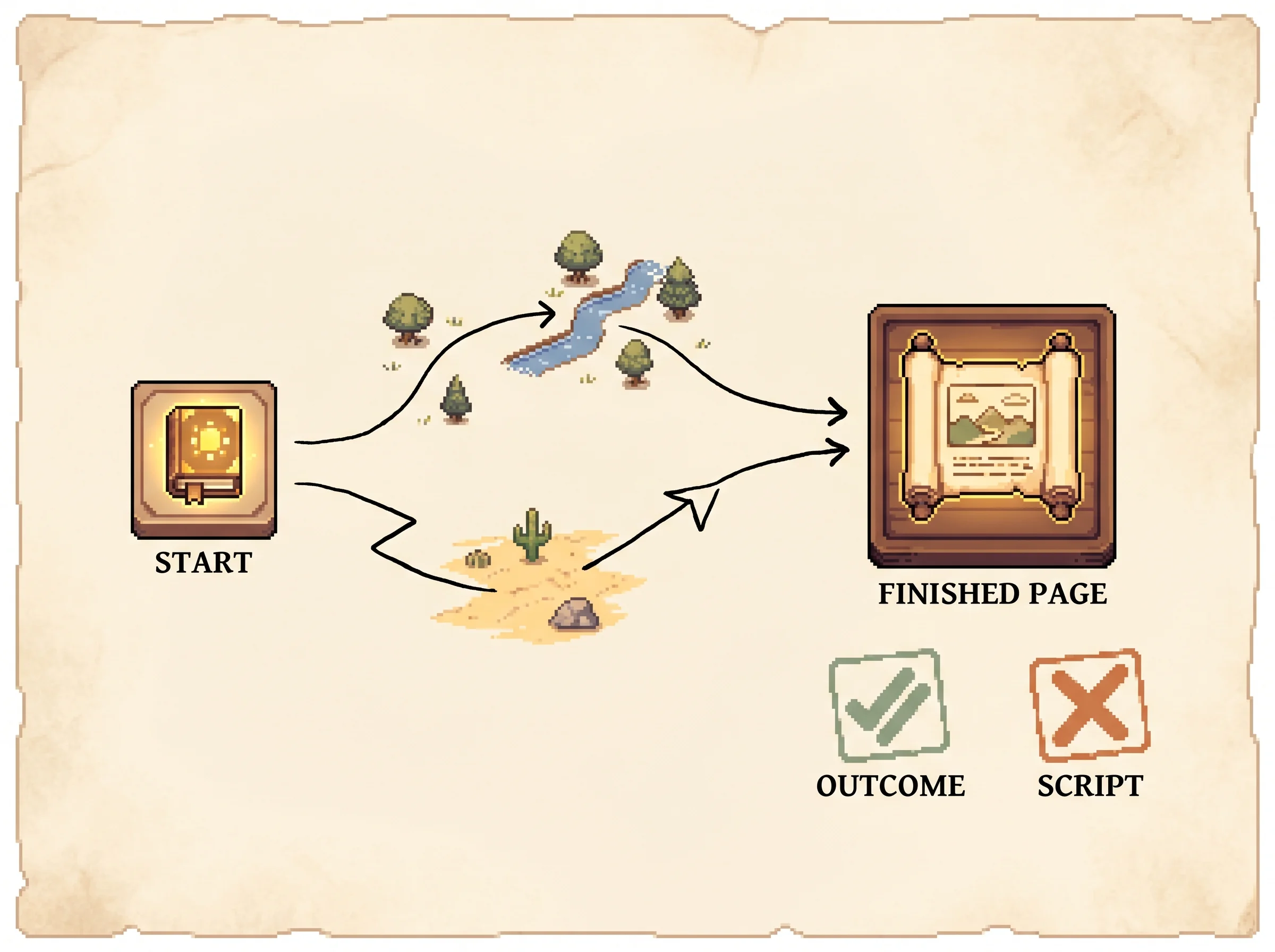 Two hand-inked routes branch from one start tile and rejoin at one finished page, with an outcome stamp passing both in sage green and a script stamp failing the alternate in clay-orange, showing that functional scoring accepts any correct path while surface-form matching only accepts the reference.
