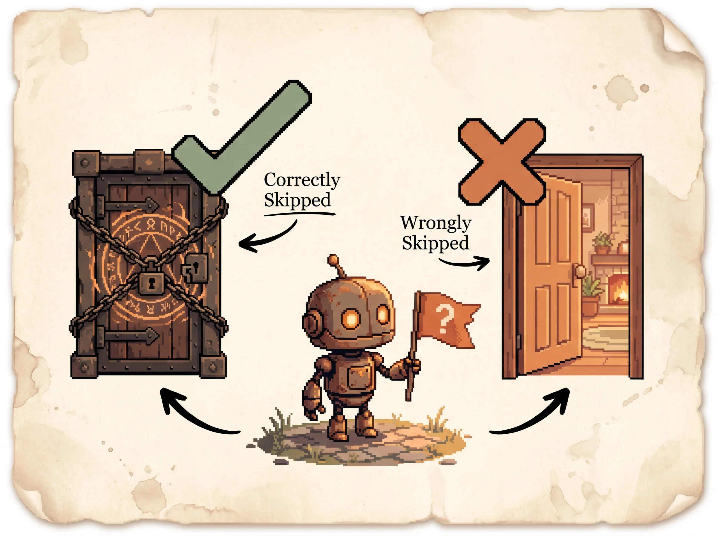 A pixel-art robot holding a question-mark flag faces a chained locked door it correctly skips with a sage check and an open inviting door it wrongly skips with a clay-orange cross, showing that the permission to give up rescues impossible tasks but makes the agent quit feasible ones.